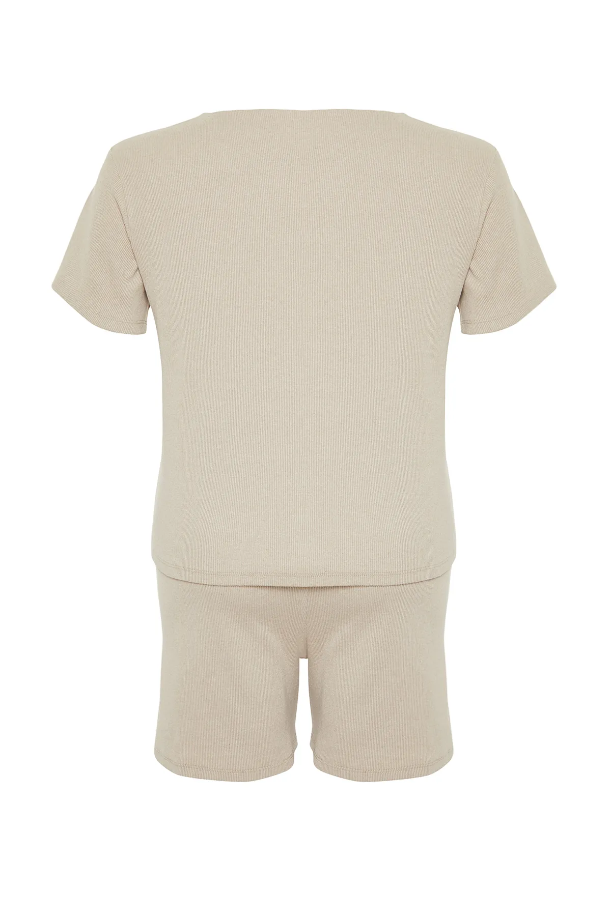 Trendyol Curve  Beiges Pyjama-Set aus besticktem Strick mit Kordelzug TBBSS24AI00019