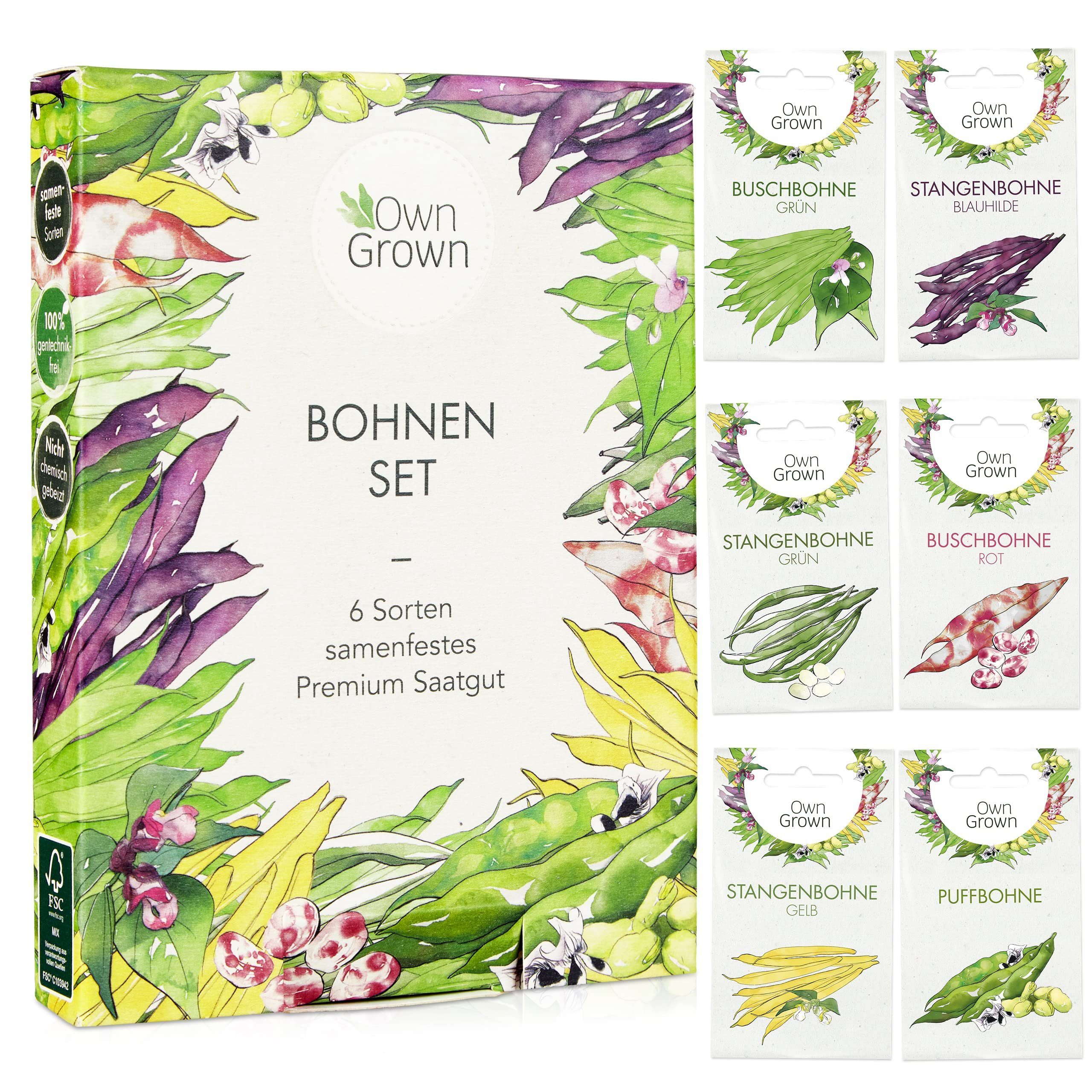 OwnGrown Anzucht- und Kräutererde 6 Köstliche Bohnen Sorten für Garten & Balkon – Saatgut Gemüse, (6-St., 6 er Set), Bio