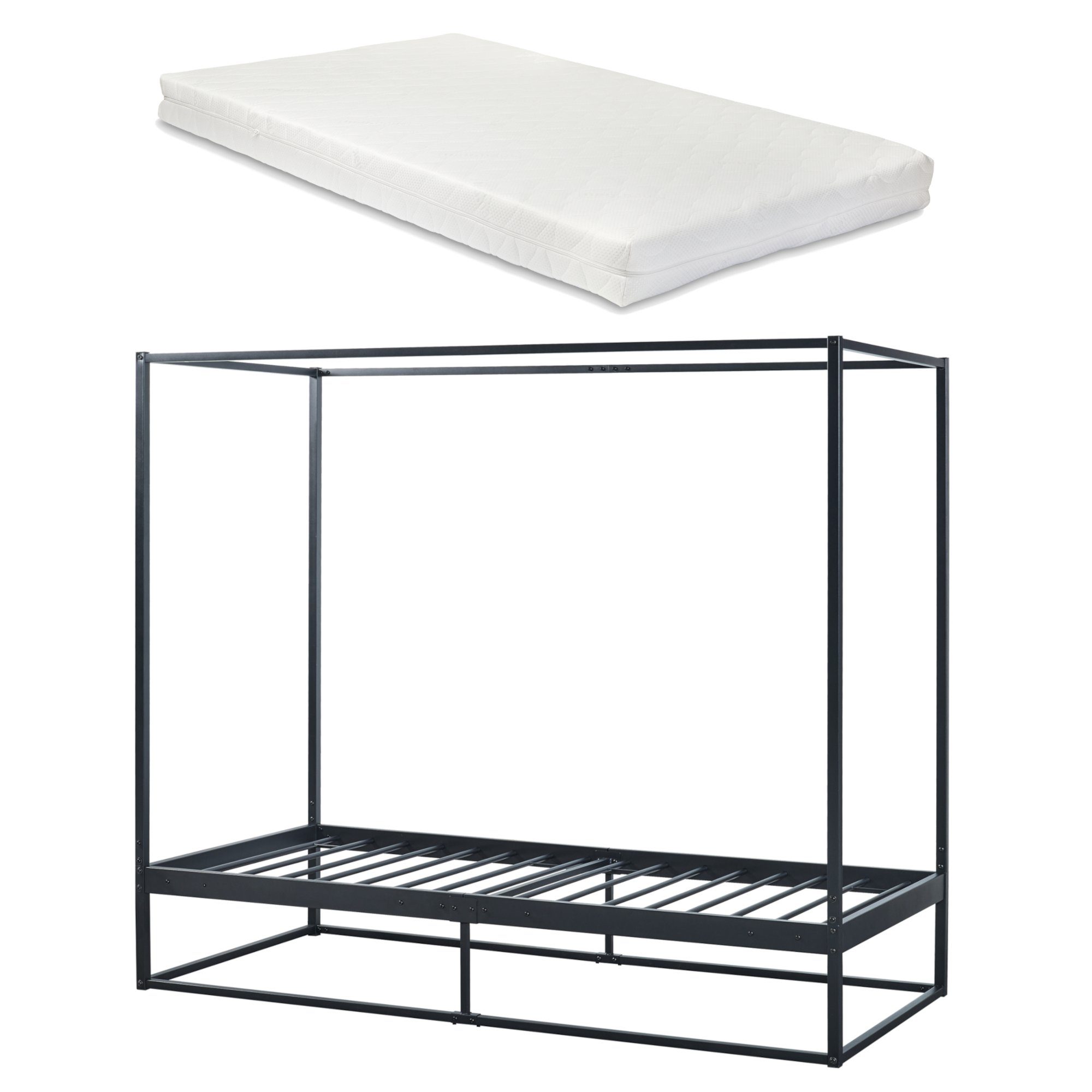 en.casa Himmelbett, Kristianstad mit Matratze Metall Schwarz 90 x 200 cm