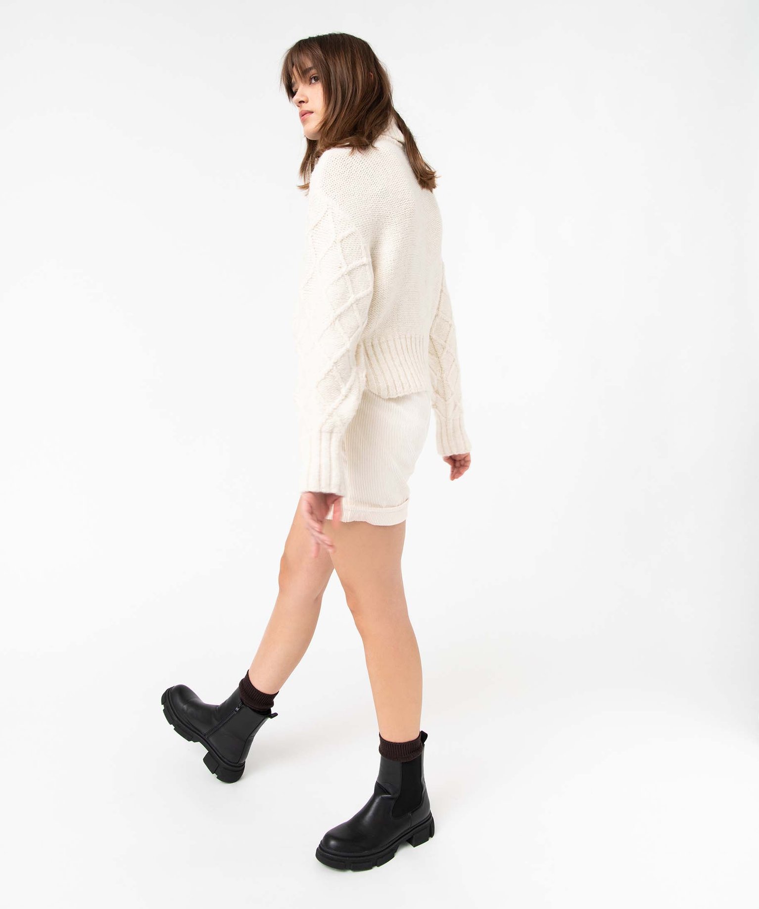 Short femme en velours ctelé coupe large ecru | GEMO