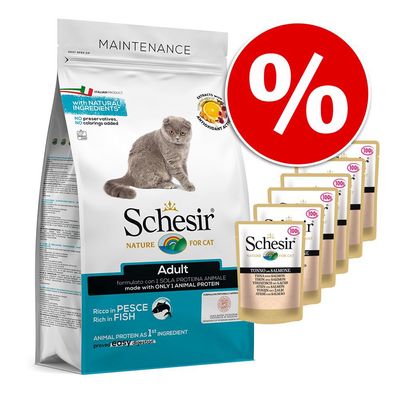 Mischfütterung: 1,5 kg Schesir Maintenance mit Fisch Trockenfutter + 6 x Nassfutter