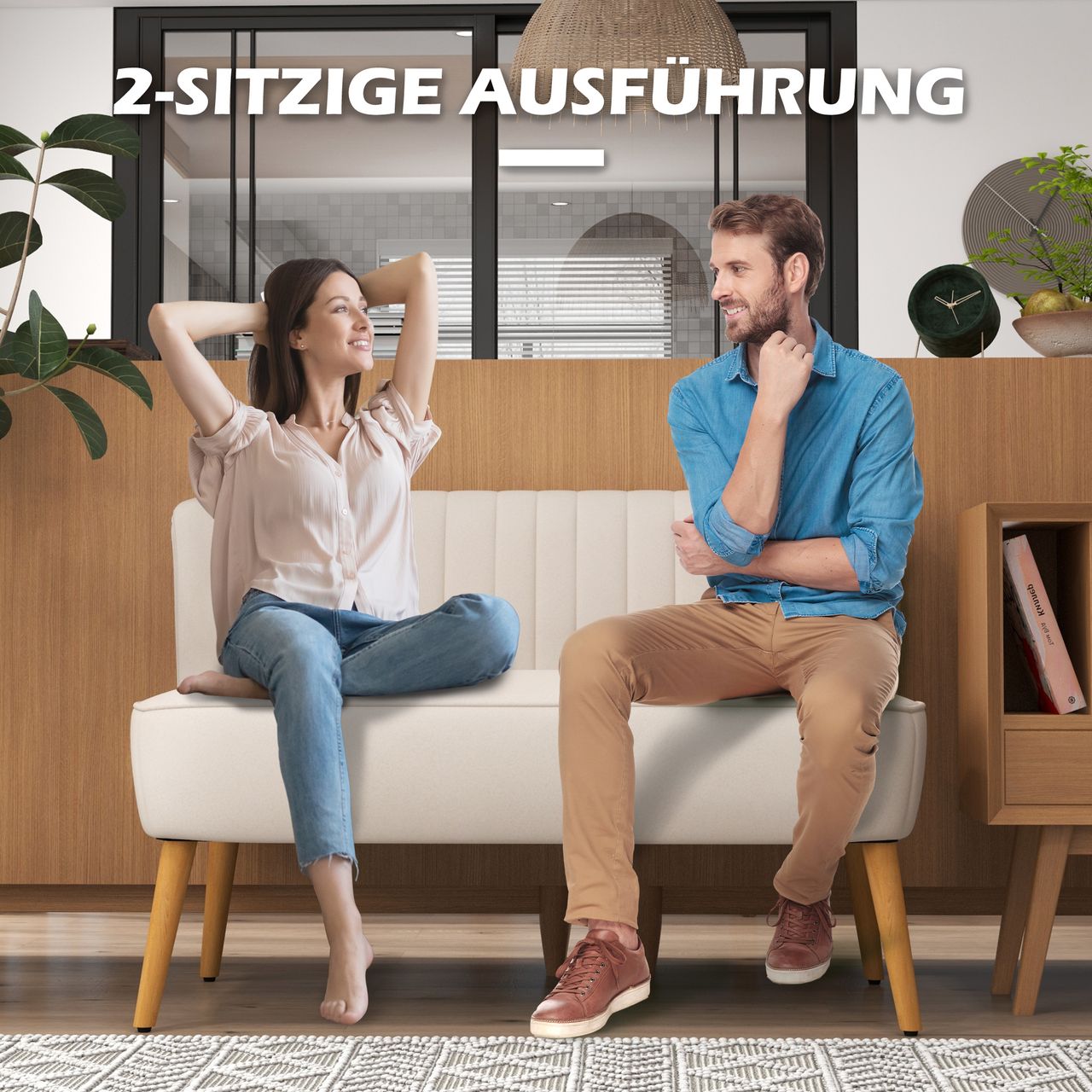 HOMCOM 2-Sitzer Sofa Zweisitzer, Loveseat mit Leinenoptik, Holzbeine, Cremeweiß