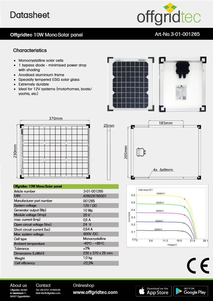 offgridtec Solarmodul Offgridtec® 10W MONO 12V Solarpanel, Monokristallin, (kein Set)