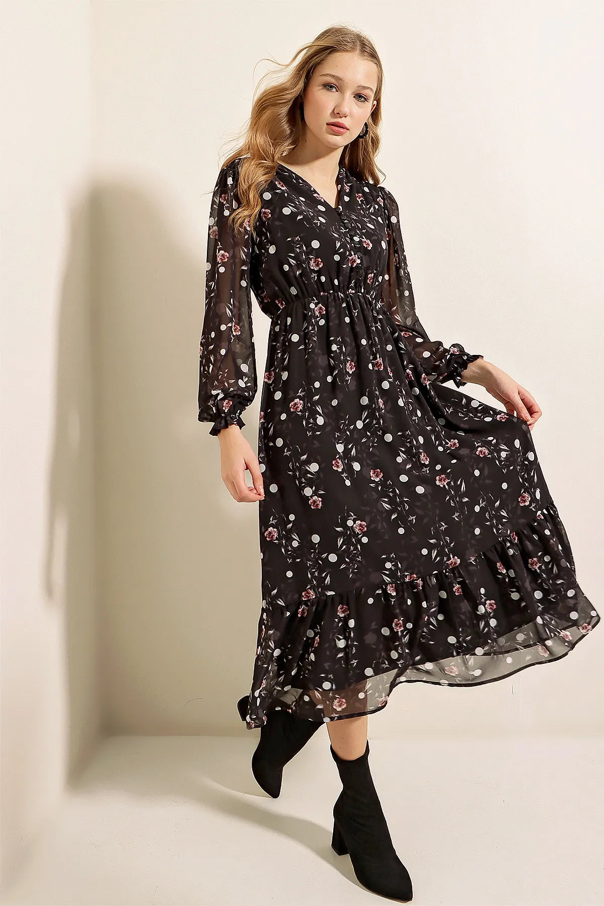 Bigdart  2137 Gemustertes Chiffonkleid – Schwarz