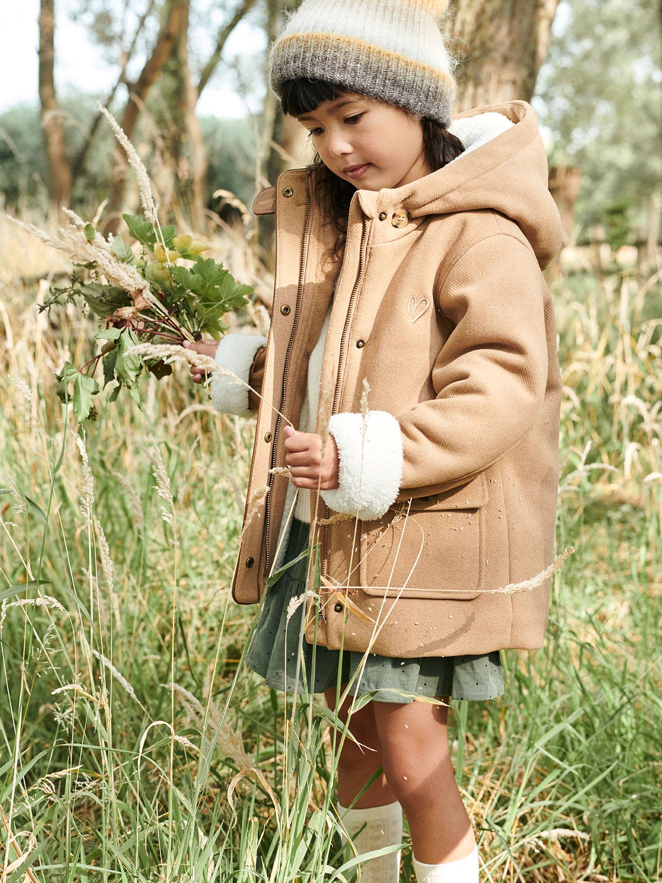 Manteau à capuche en drap de laine fille doublé sherpa vert foncé