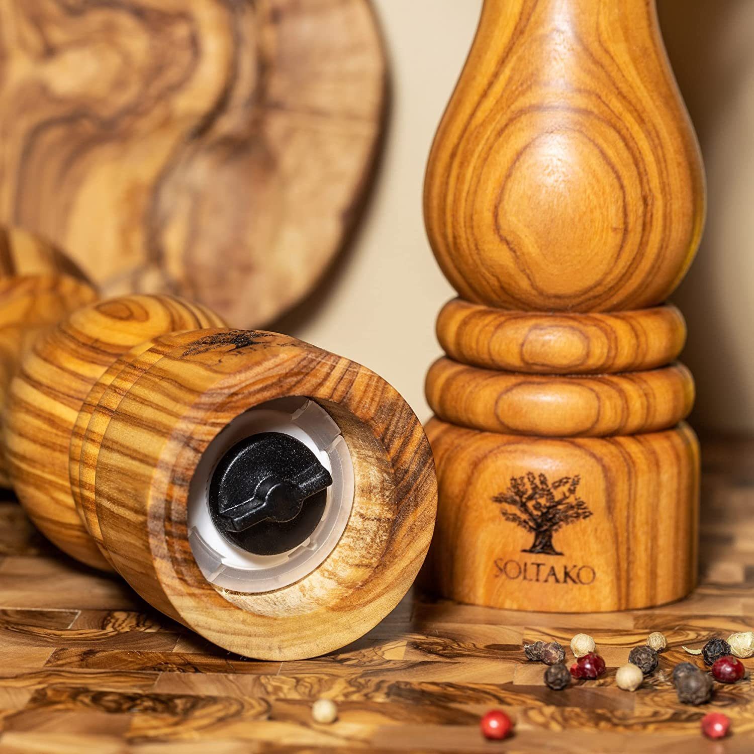 SOLTAKO Salz-/Pfeffermühle Olivenholz Salz und Pfeffermühlen Set 