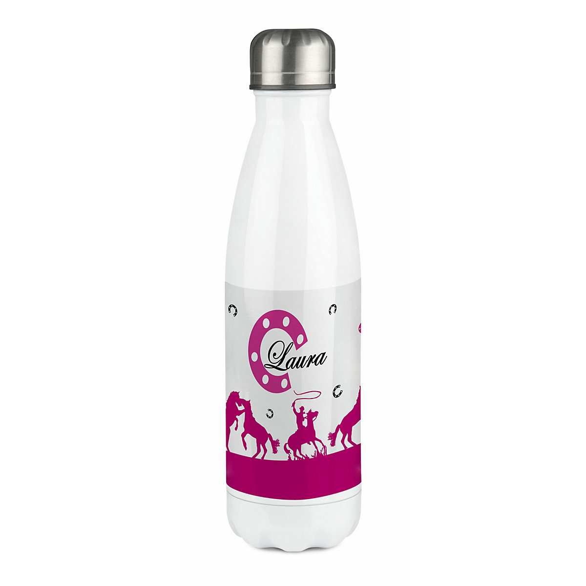 Edelstahl Kinder Thermoflasche / Trinkflasche bunt Cowboy Pferde Farbe pink Spülmaschinenfest, Auslaufsicher, Bruchfest, Doppelwandig, Für Heißgetränke geeignet, Mit Deckel, Isoliert