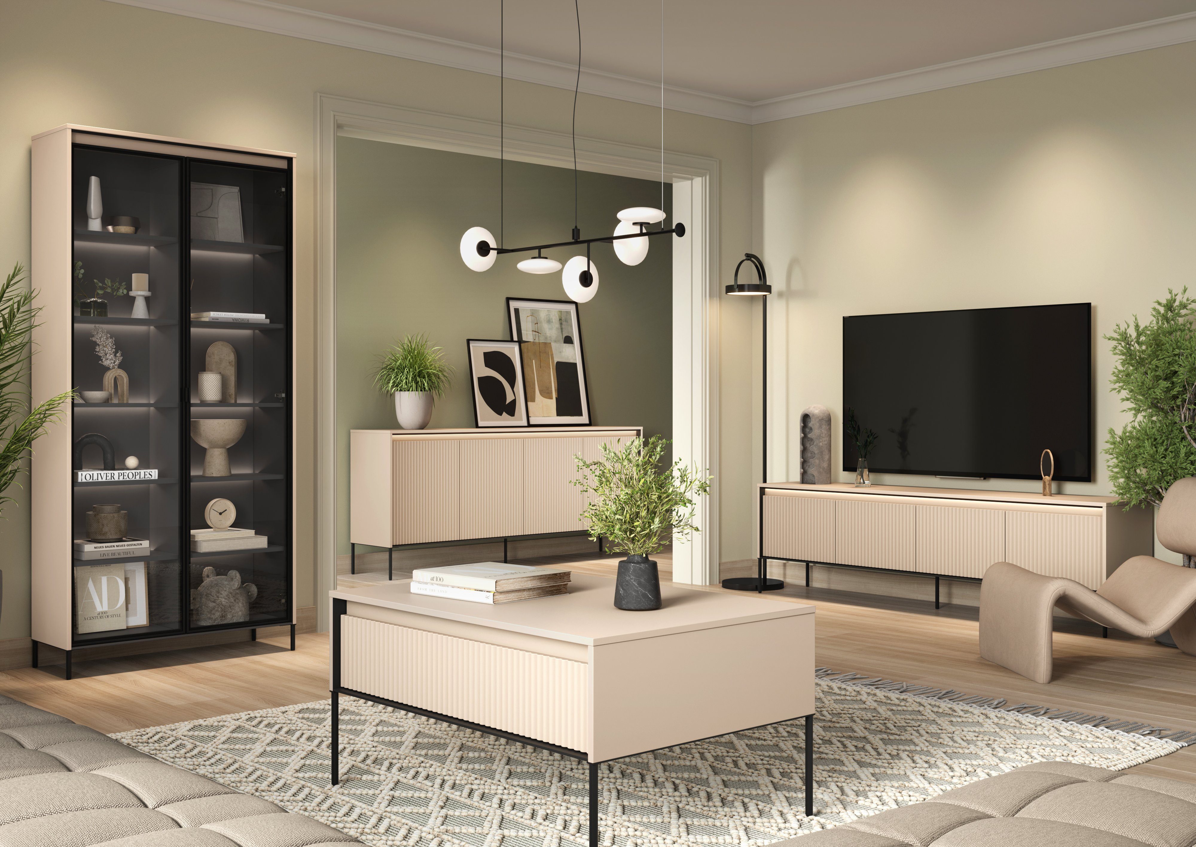 Compleo Kommode mit gerifflete Front FLORE für Wohnzimmer, push to open