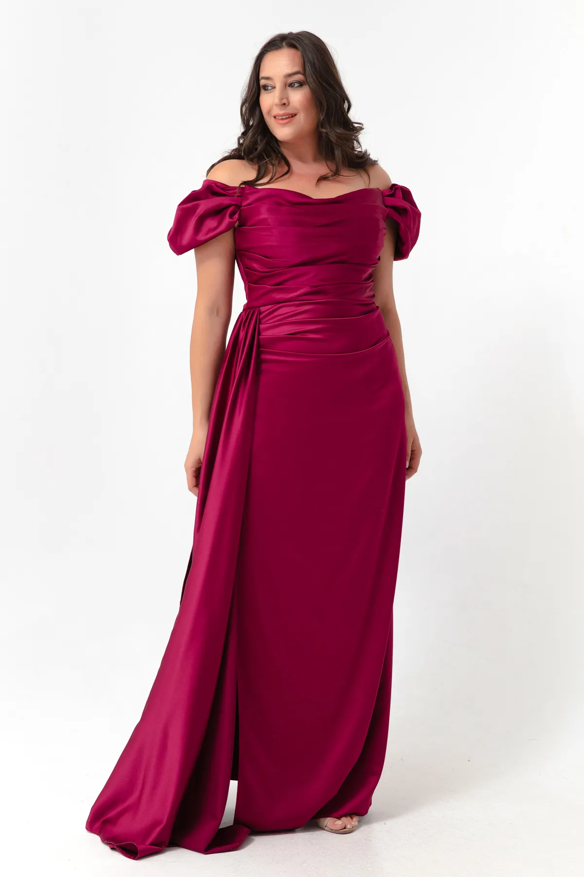 Lafaba  Pflaumenfarbenes, langes Satin-Abendkleid und Abschlusskleid für Damen mit U-Boot-Ausschnitt