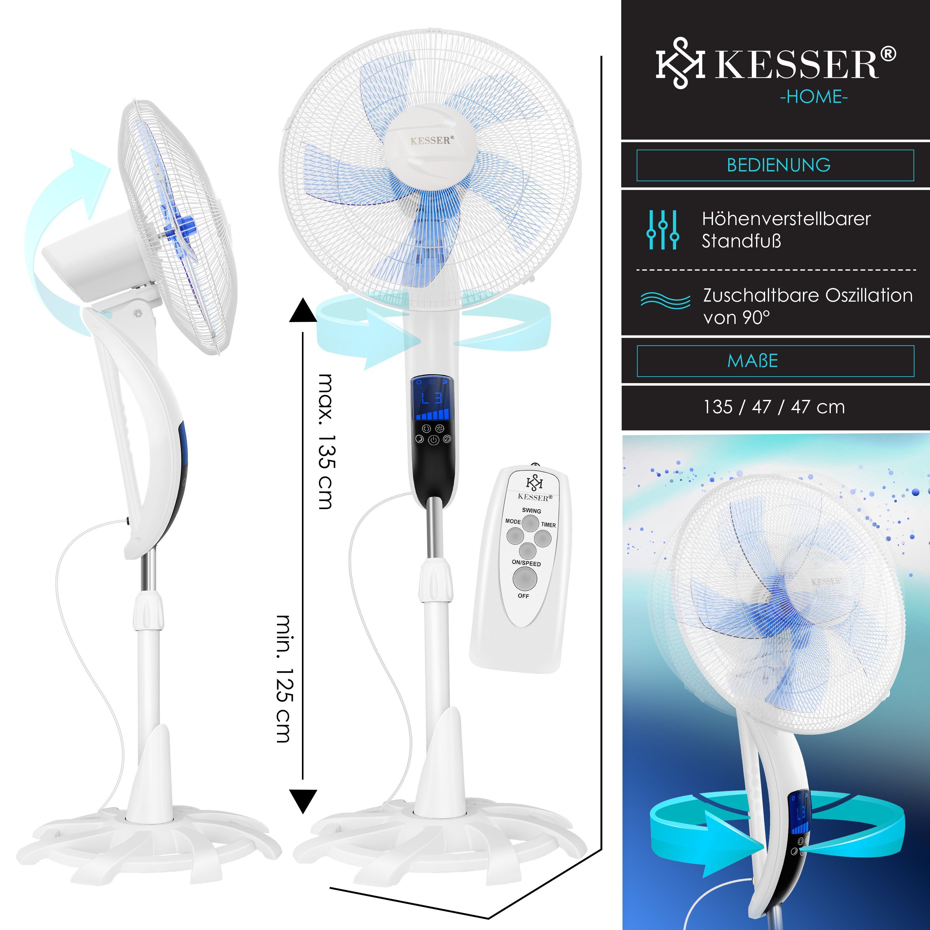 KESSER Standventilator, Standventilator mit Fernbedienung Timer Standlüfter