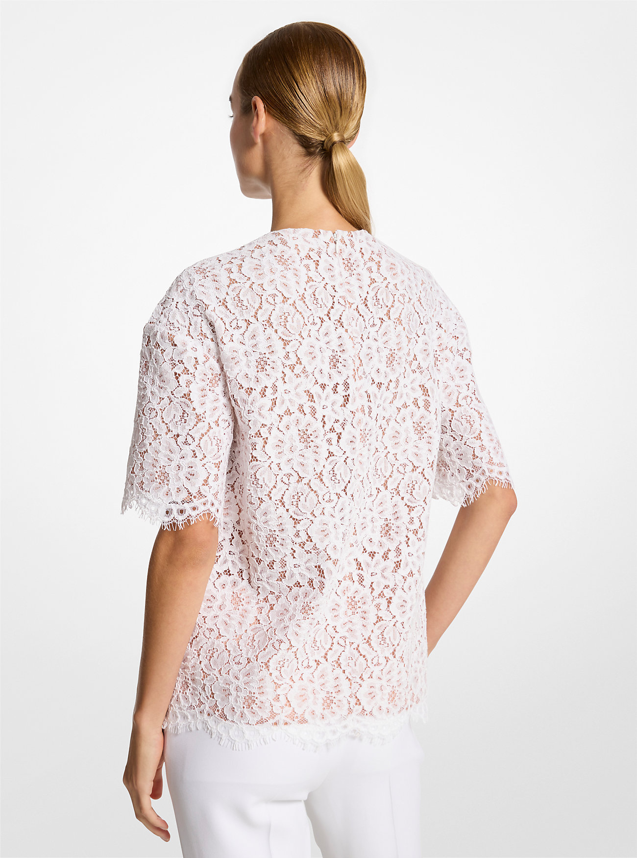 Overdimensjonert T-skjorte med blonder og blomsterprint – OPTIC WHITE