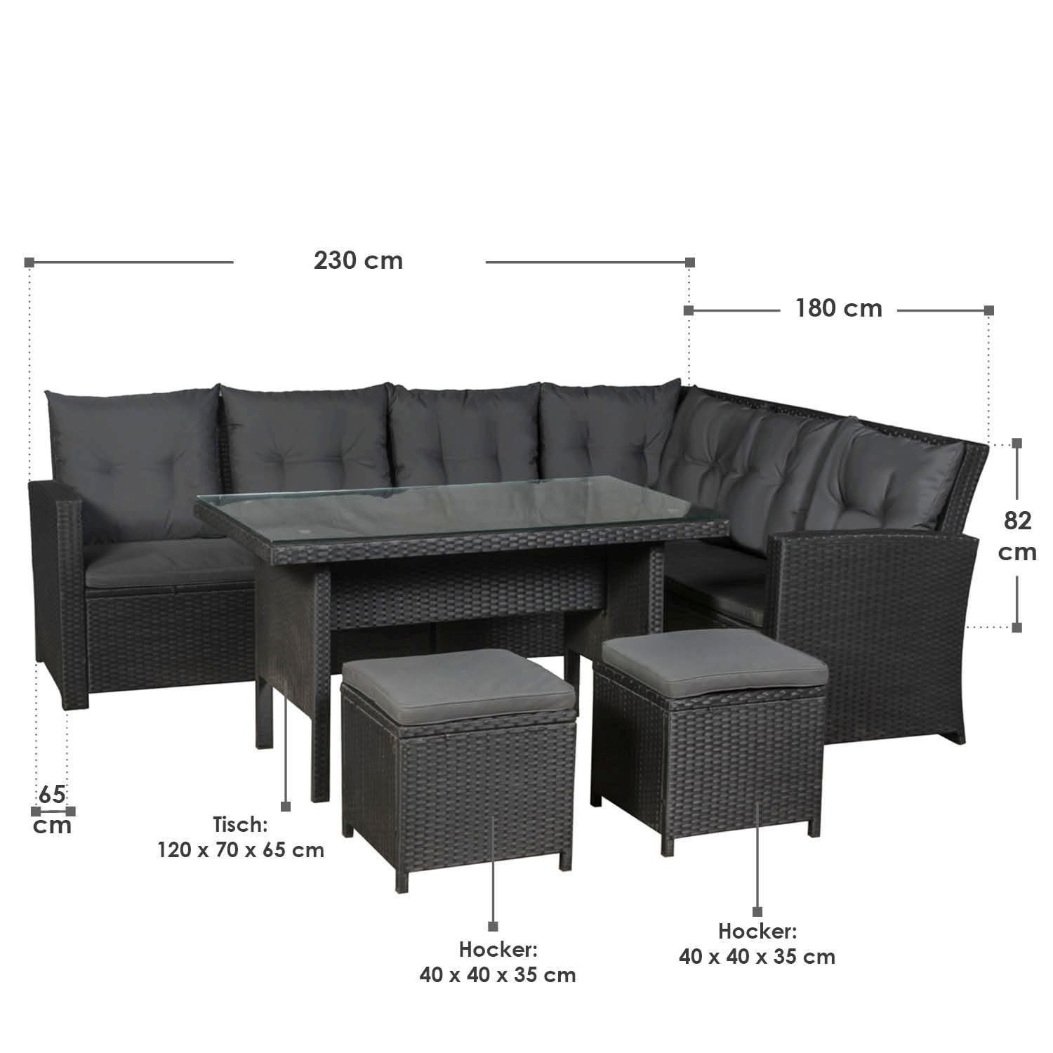 Juskys Gartenlounge-Set Santa Catalina, (Set, Sitzgruppe), 2 zusätzliche Hocker, Tisch mit Glasplatte, Waschbare Bezüge
