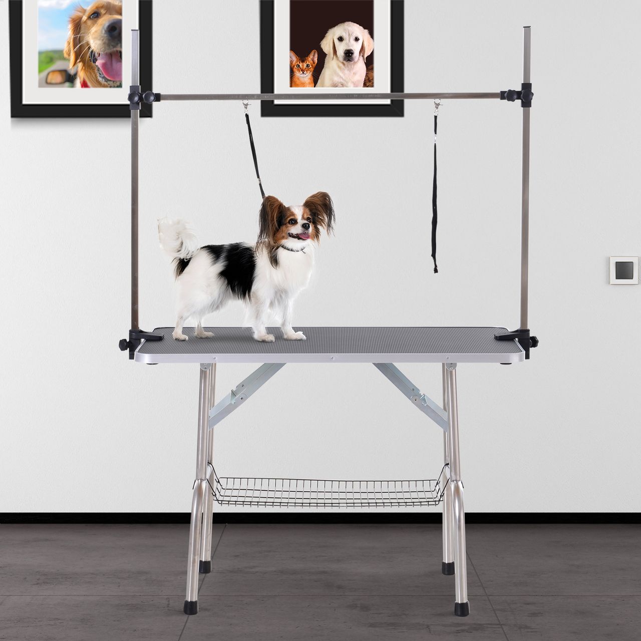 PawHut Trimmtisch Tierpflegetisch Schertisch Pflegetisch mit Unterkorb für Hunde höhenverstellbar klappbar Edelstahl Metall Schwarz 107 x 60 x 170 cm