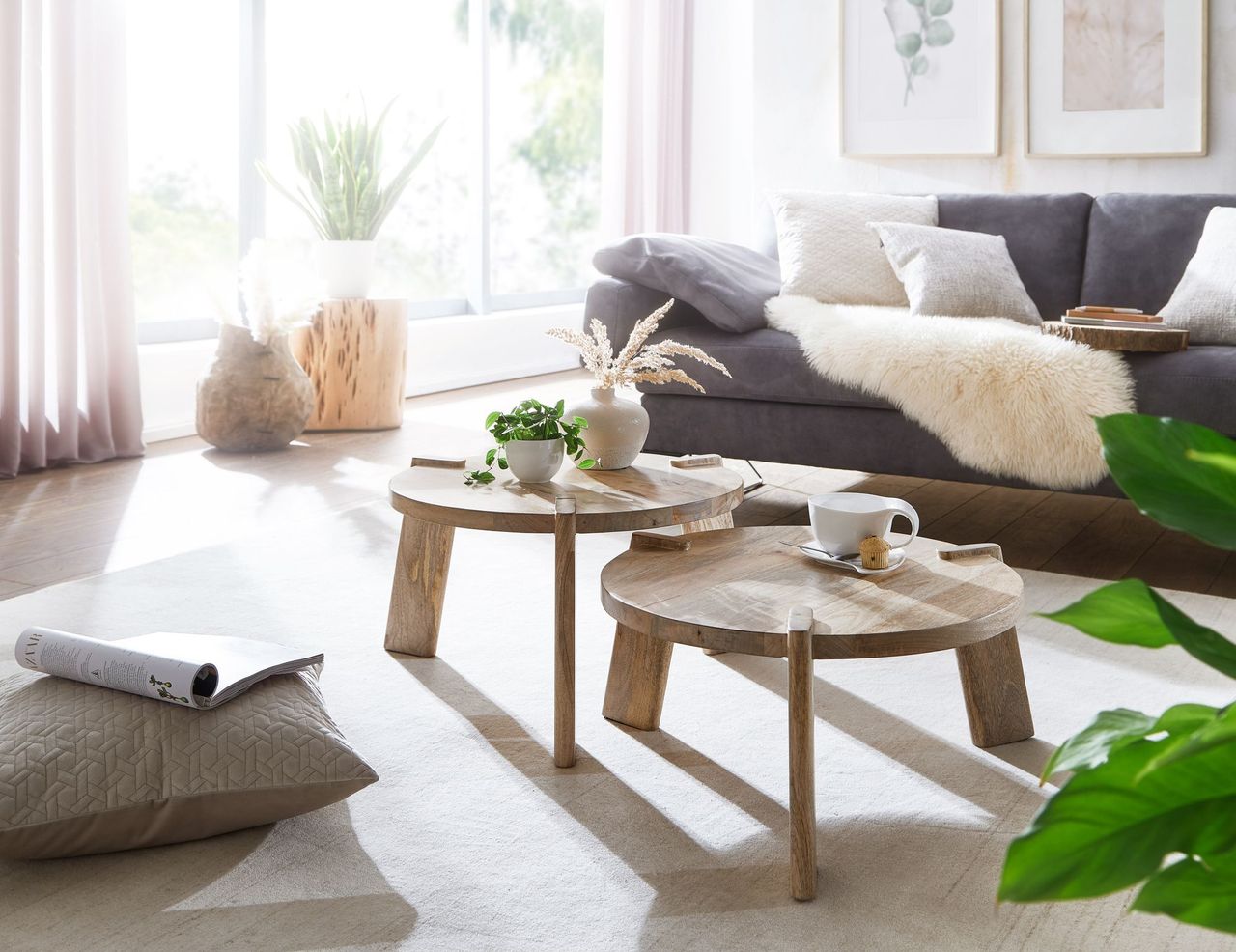 Wohnling Couchtisch 2er Set Mango Massivholz Hell