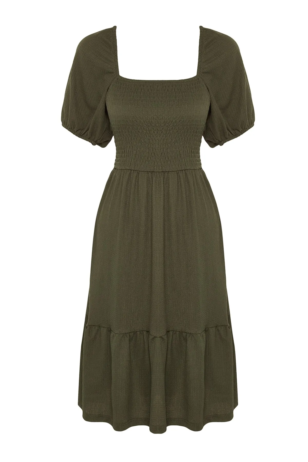 Trendyol Collection  Khakifarbenes Midi-Pullover-Strickkleid mit offener Taille/Skater-Strickkleid mit quadratischem Ausschnitt und Ballonärmeln TWOSS22EL1088