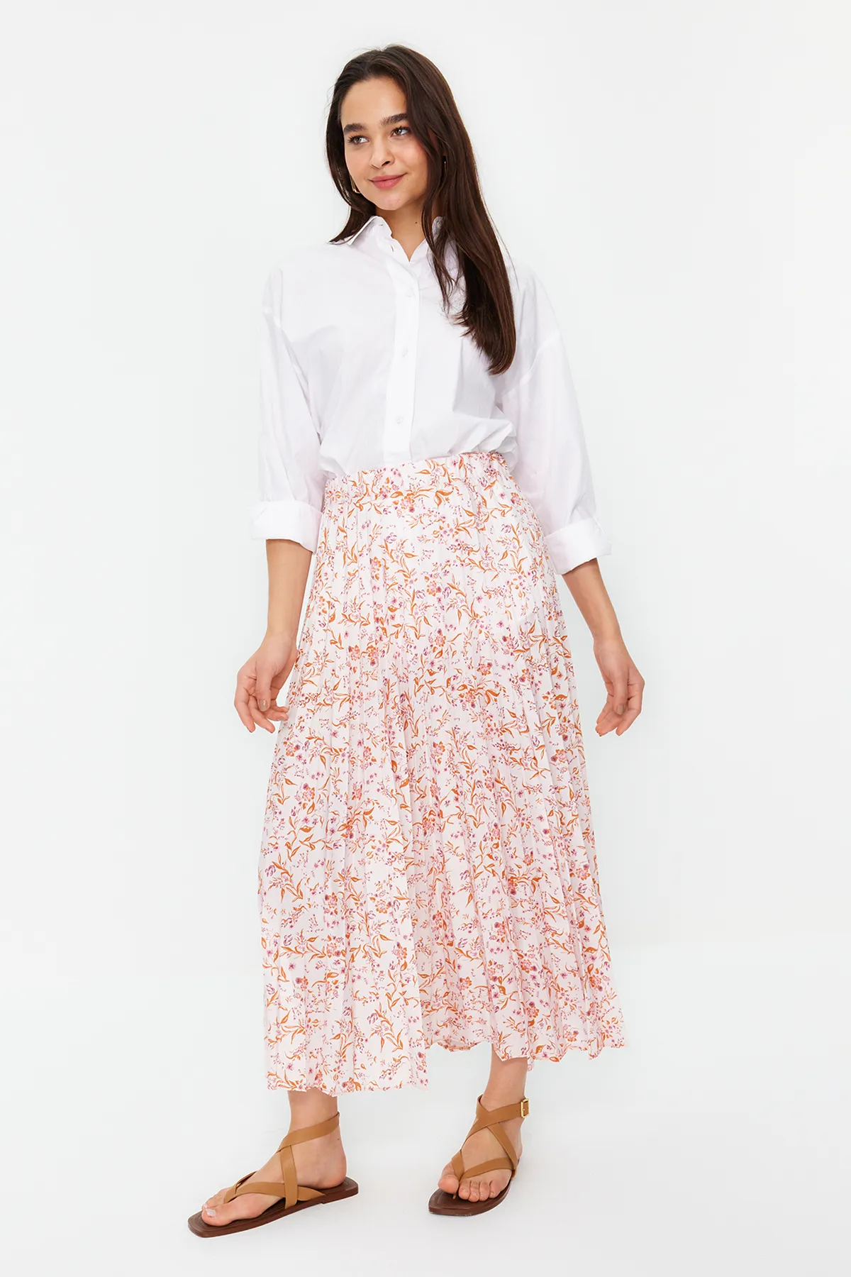 Trendyol Modest  Ecrufarbener gewebter Plisseerock mit Blumenmuster und elastischer Taille TCTSS23EE00018