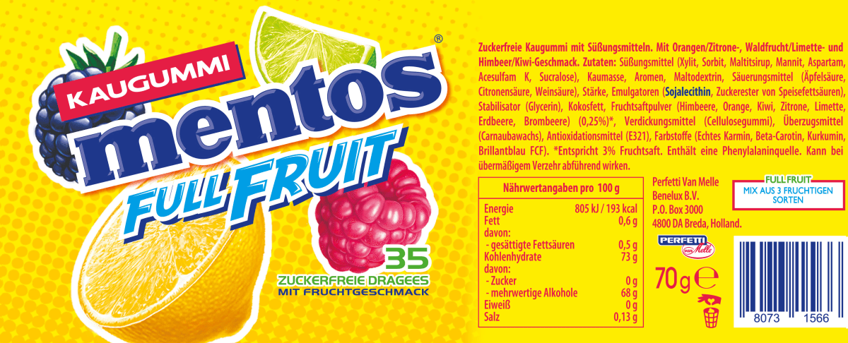 Kaugummi, Full Fruit, zuckerfrei (35 Stück), 70 g