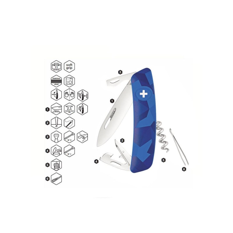 Schweizer Messer, Swiza C03 Camouflage Blue Urban, mit 11 Funktionen, Made in Swiss.