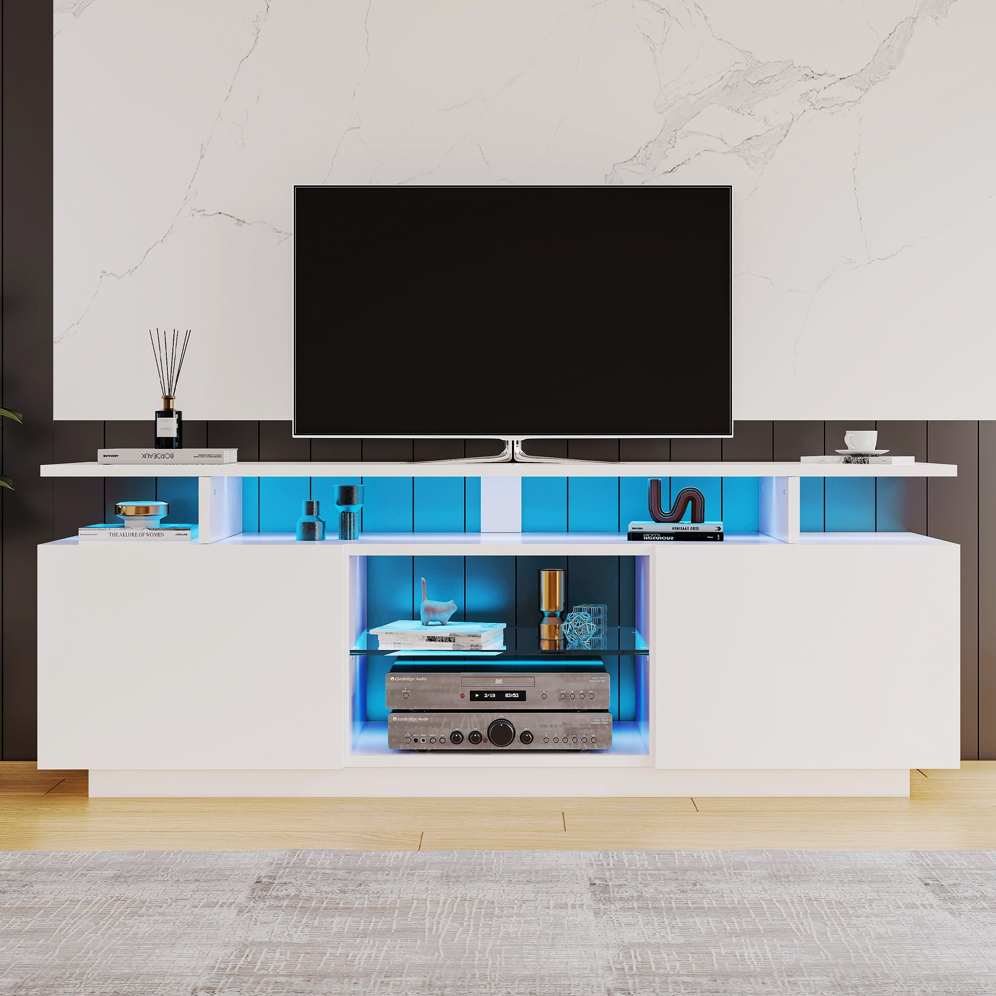 REDOM TV-Schrank Moderner weißer TV-Schrank (Hochglanz) mit 16-farbiger LED-Beleuchtung