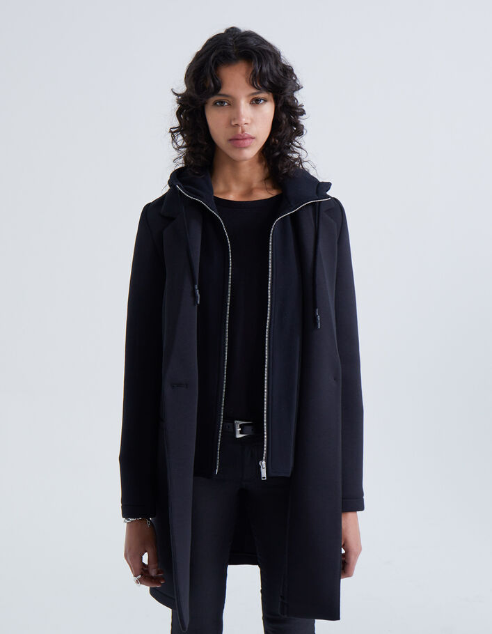 Manteau mi-long néoprène noir femme