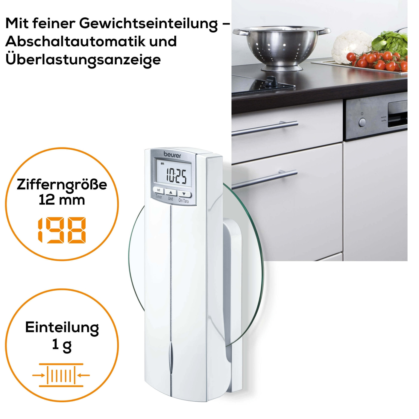 Beurer Wandküchenwaage - KS 52-Klappbare Küchenwaage für die Wand mit Uhrzeit & Timerfunktion