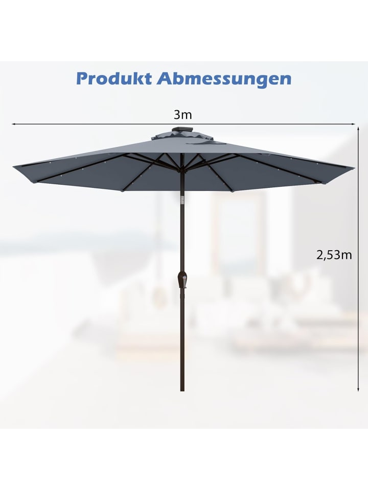 COSTWAY Sonnenschirm 300 cm mit LED-Solar-Beleuchtung in Grau günstig kaufen onesize