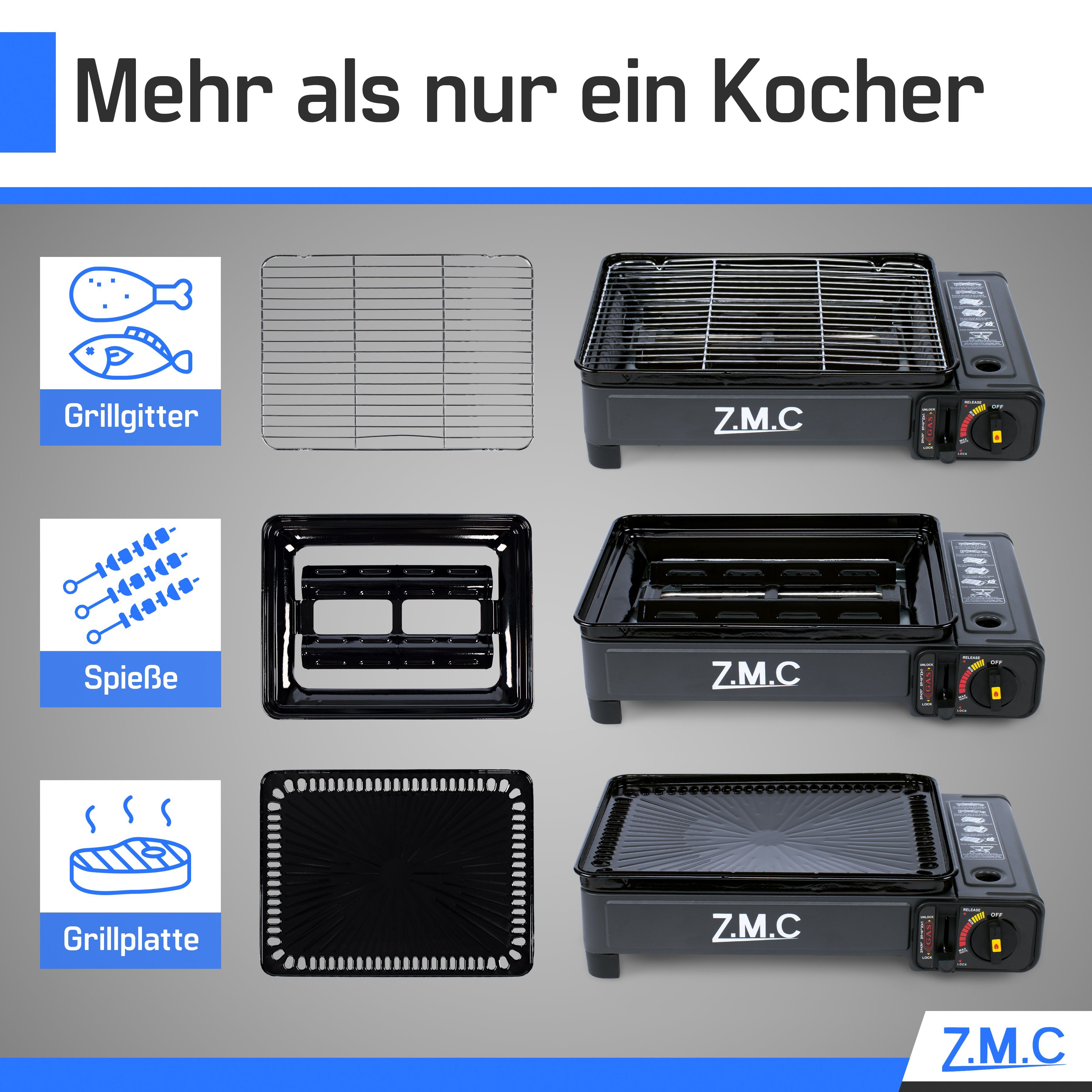 ZMC Gaskocher 2-in-1 Gaskocher inkl. Zubehör einflammiger Camping-Kocher, (mit Grillplatte + Grillrost, stufenlos regulierbar, Tischgrill), mit Tragekoffer, 3,8kg, Piezo-Zündung Wärmeleistung: 2,2KW