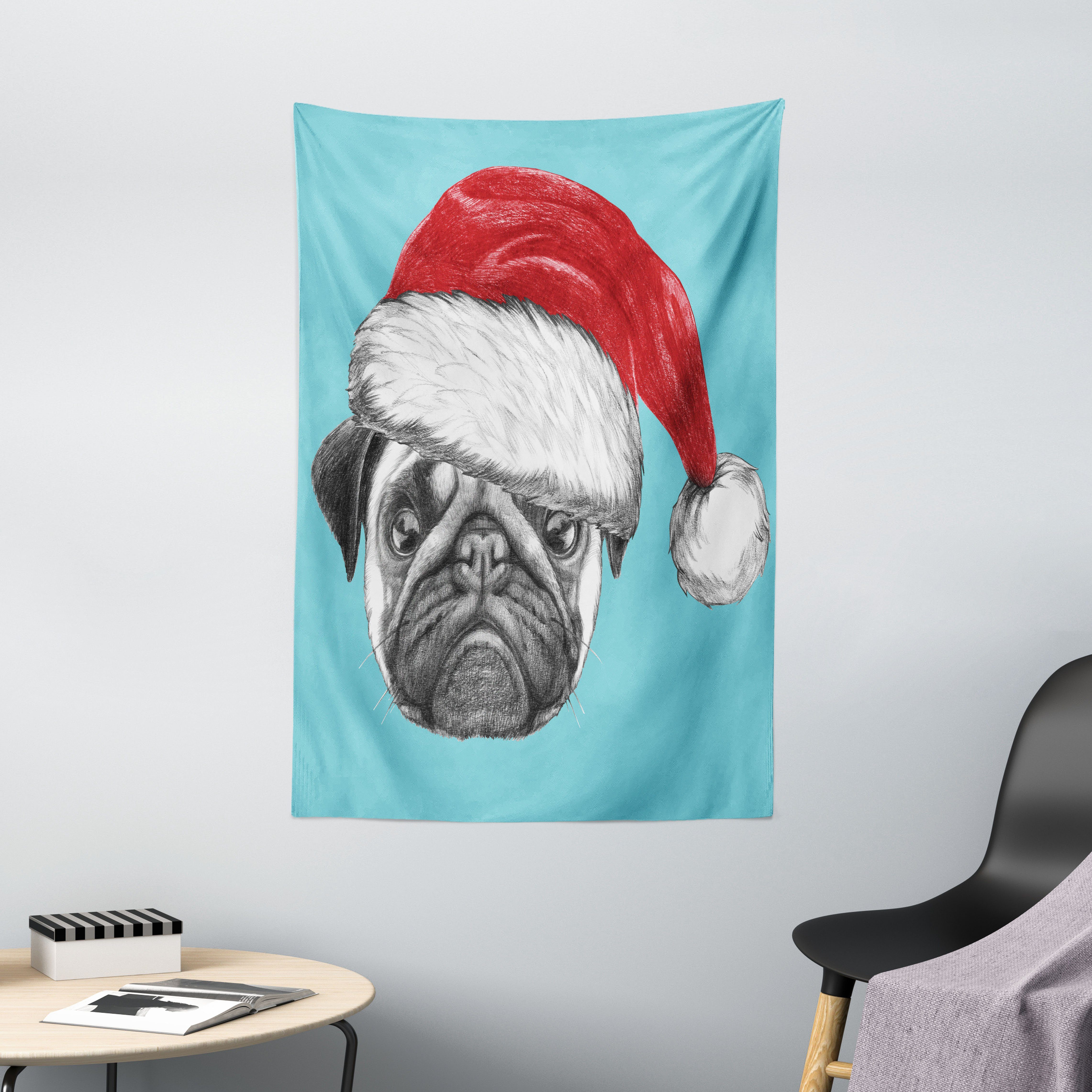 Wandteppich Wohnzimmer Schlafzimmer Wandtuch Seidiges Satin Wandteppich, Abakuhaus, rechteckig, Mops Hund mit Weihnachtsmütze X-Mas