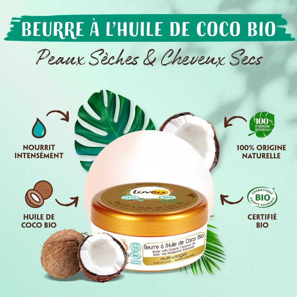 lovea Beurre à l'Huile de Coco Bio Multi-usages Certifié BIO Beurre de Coco