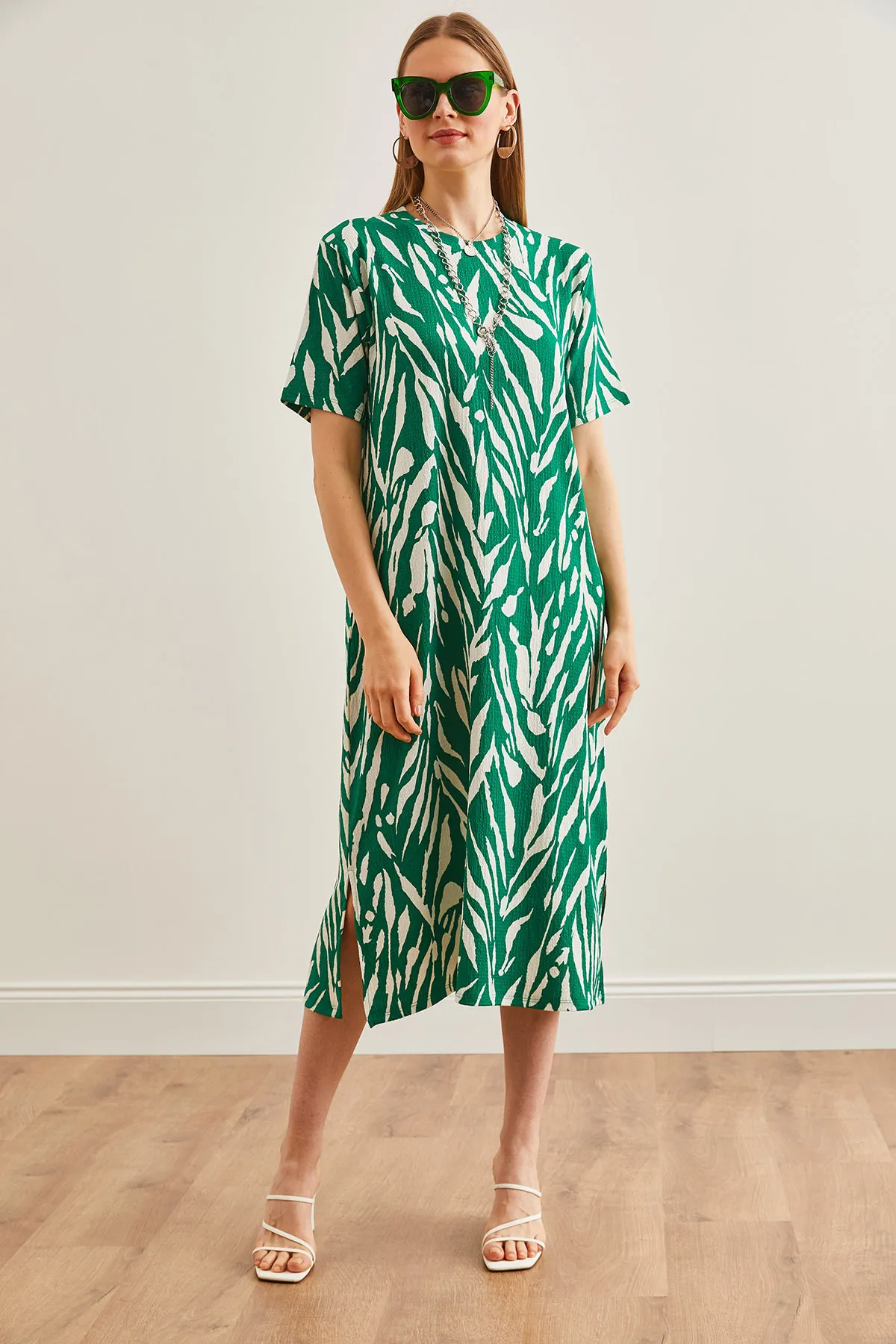 Olalook  Blatt Smaragdgrün Oversize Baumwolle Damen Kleid - Seitenschlitz ELB-19001880
