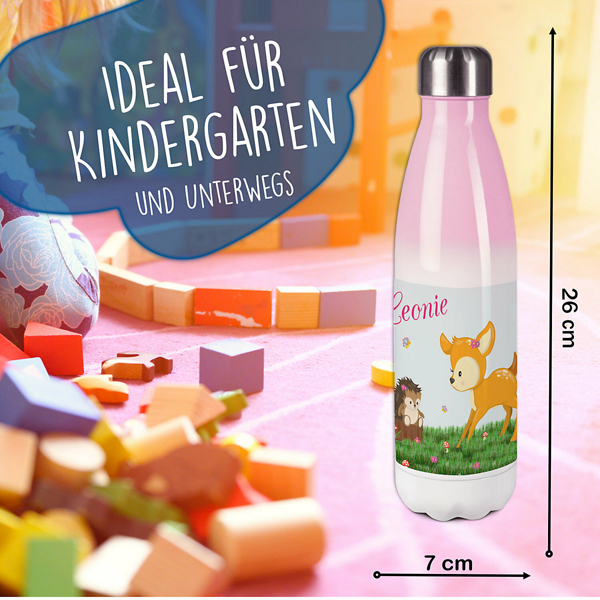Edelstahl Kinder Thermoflasche / Trinkflasche bunt Reh Spülmaschinenfest, Auslaufsicher, Bruchfest, Doppelwandig, Für Heißgetränke geeignet, Mit Deckel, Isoliert
