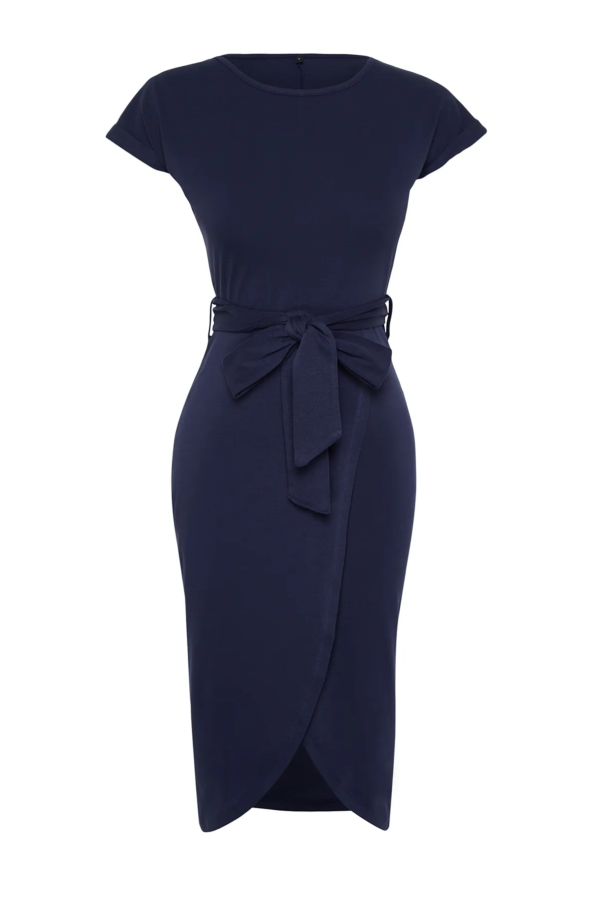 Trendyol Collection  Marineblaues, zweireihiges Midi-Strick-Maxikleid aus 100 % Baumwolle mit Gürtel und detailliertem Detail TWOSS24EL00118