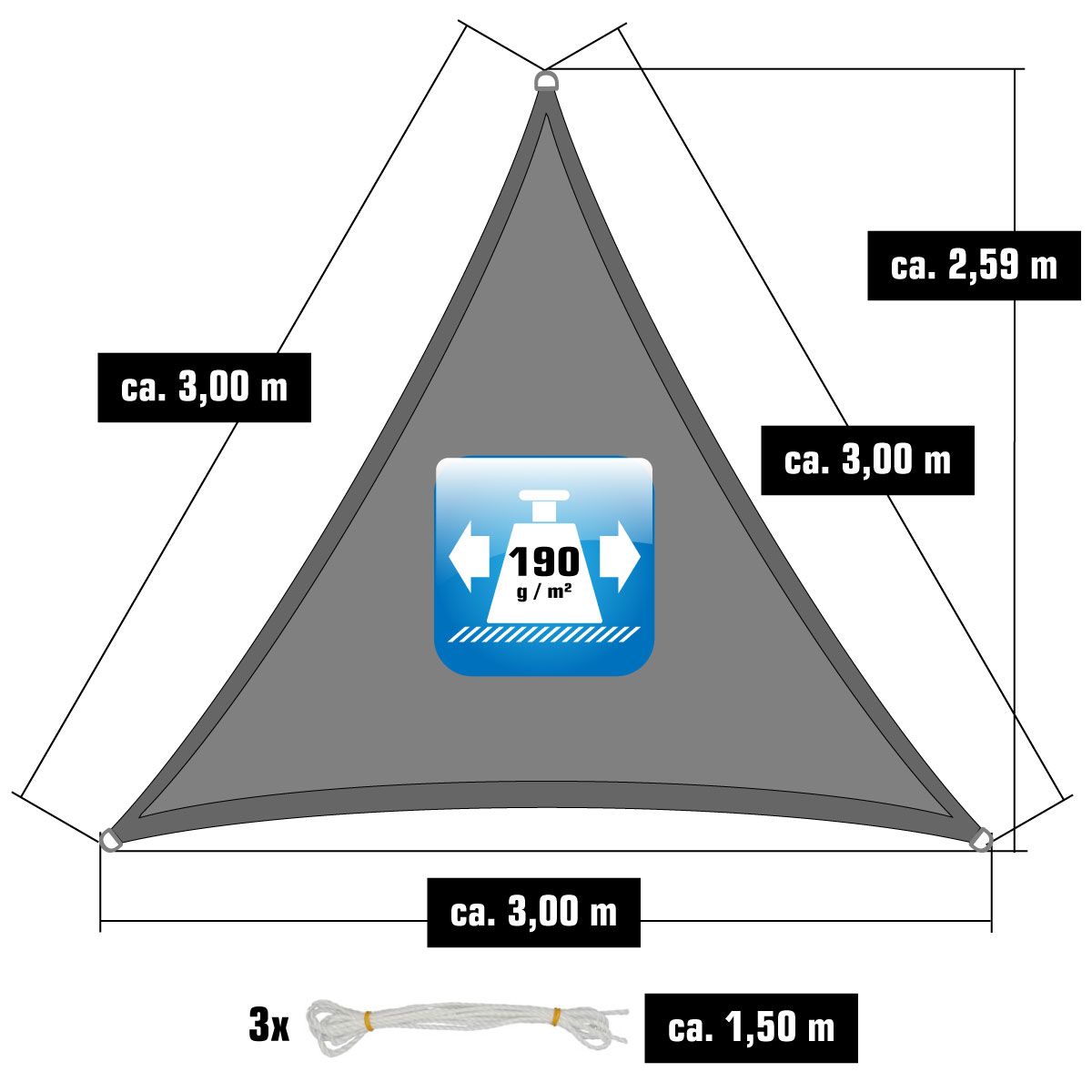 AMANKA 3 x 3 x 3 Wasserdichtes Sonnensegel mit Befestigung