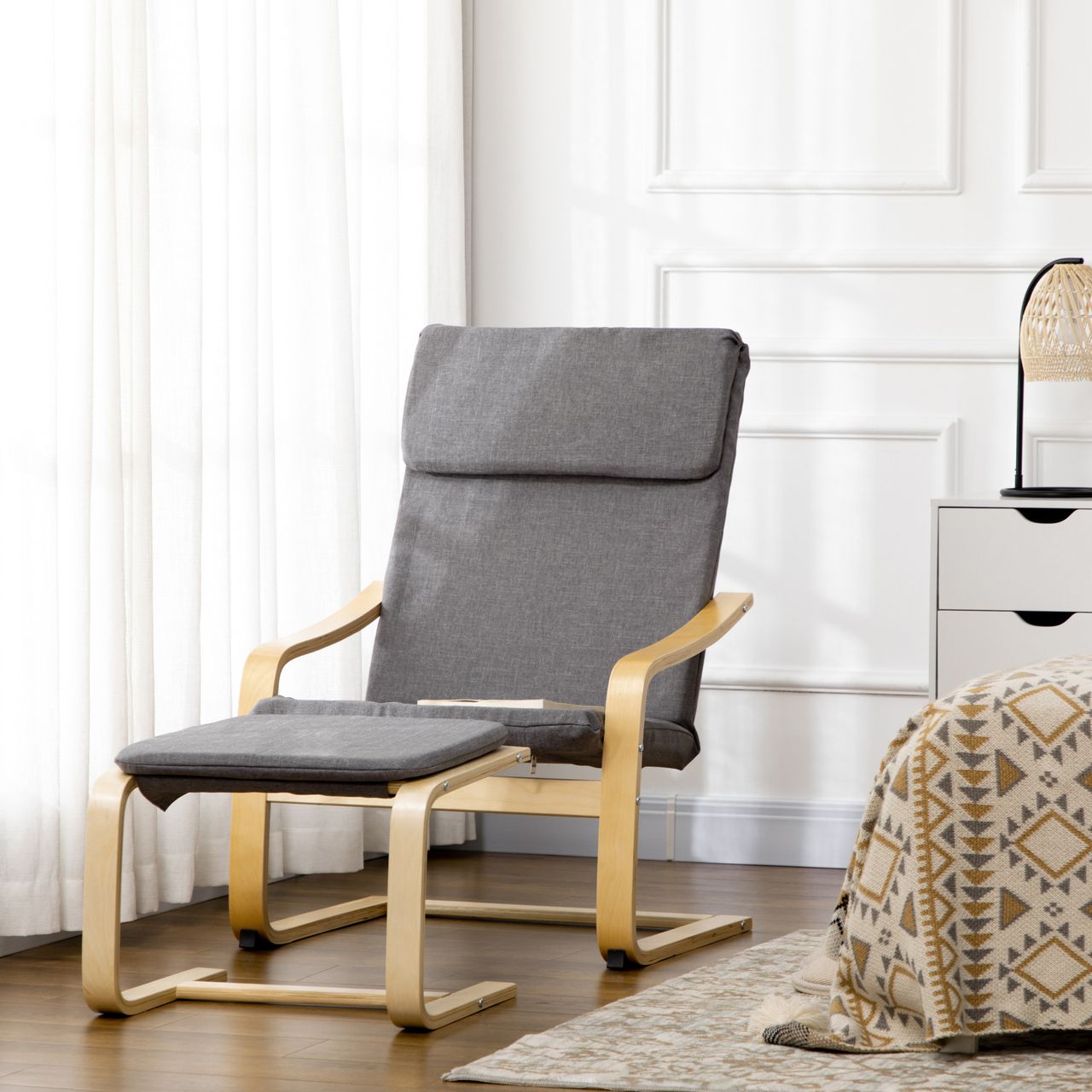 HOMCOM Relaxsessel mit Fußhocker Armlehnensessel Leinenbezug Holzgestell Braun