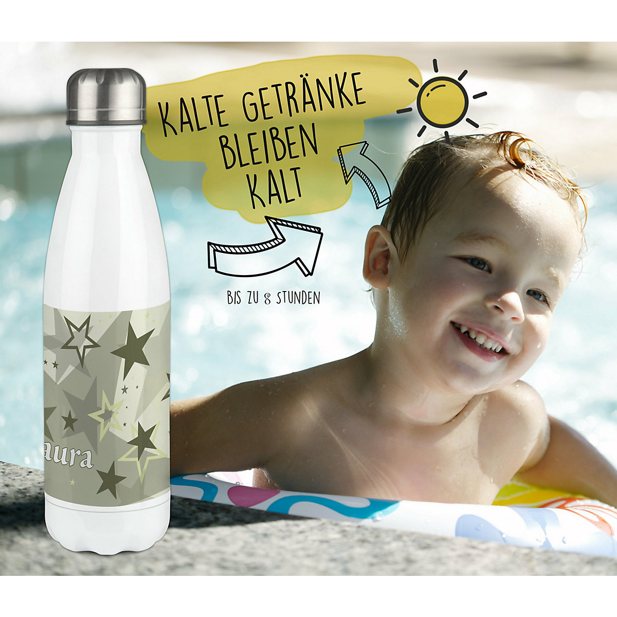 Edelstahl Kinder Thermoflasche / Trinkflasche bunt Sternenhimmel Farbe grau beige Spülmaschinenfest, Auslaufsicher, Bruchfest, Doppelwandig, Für Heißgetränke geeignet, Mit Deckel, Isoliert