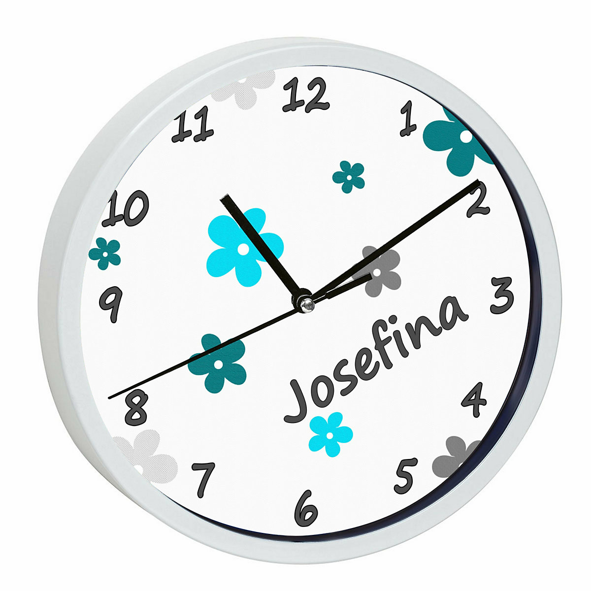 Kinder Wanduhr laufruhig personalisiert mit Name Blumen Türkis