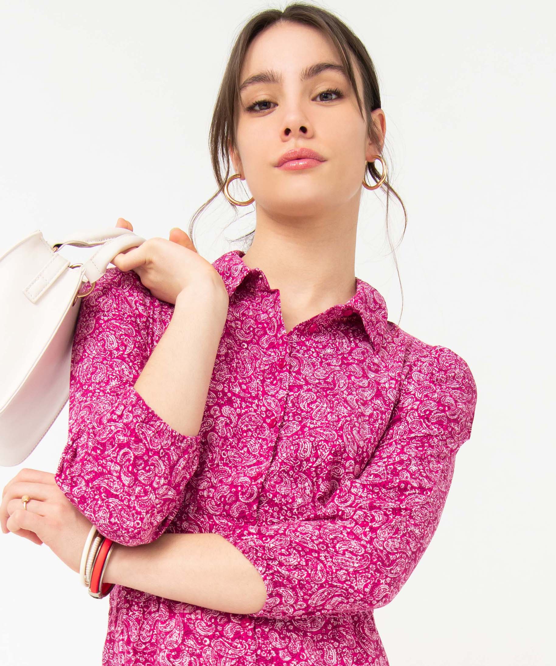 Robe femme imprimée à manches longues et col chemise imprime | GEMO