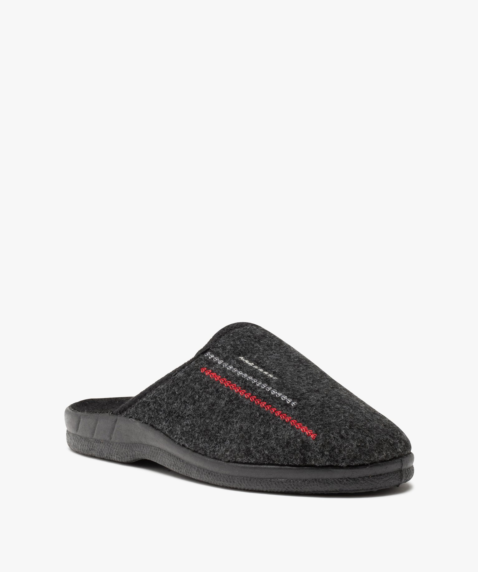 Chaussons homme mules confort en feutrine brodée gris fonce | GEMO