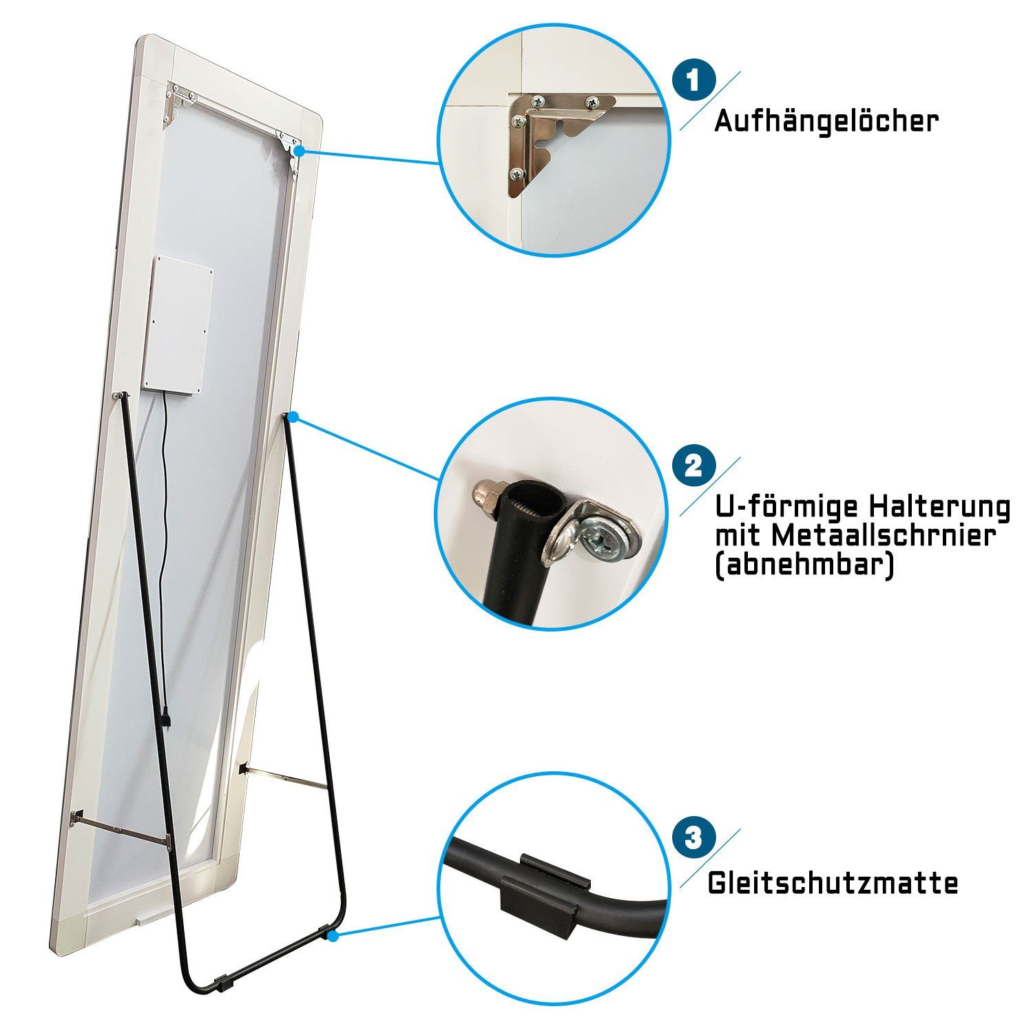 duschspa Ganzkörperspiegel Wandspiegel mit LED Beleuchtung Standspiegel Hängespiegel 150/160cm, Warm/Neutral/Kaltweß, dimmbar, Memory, mit Stecker