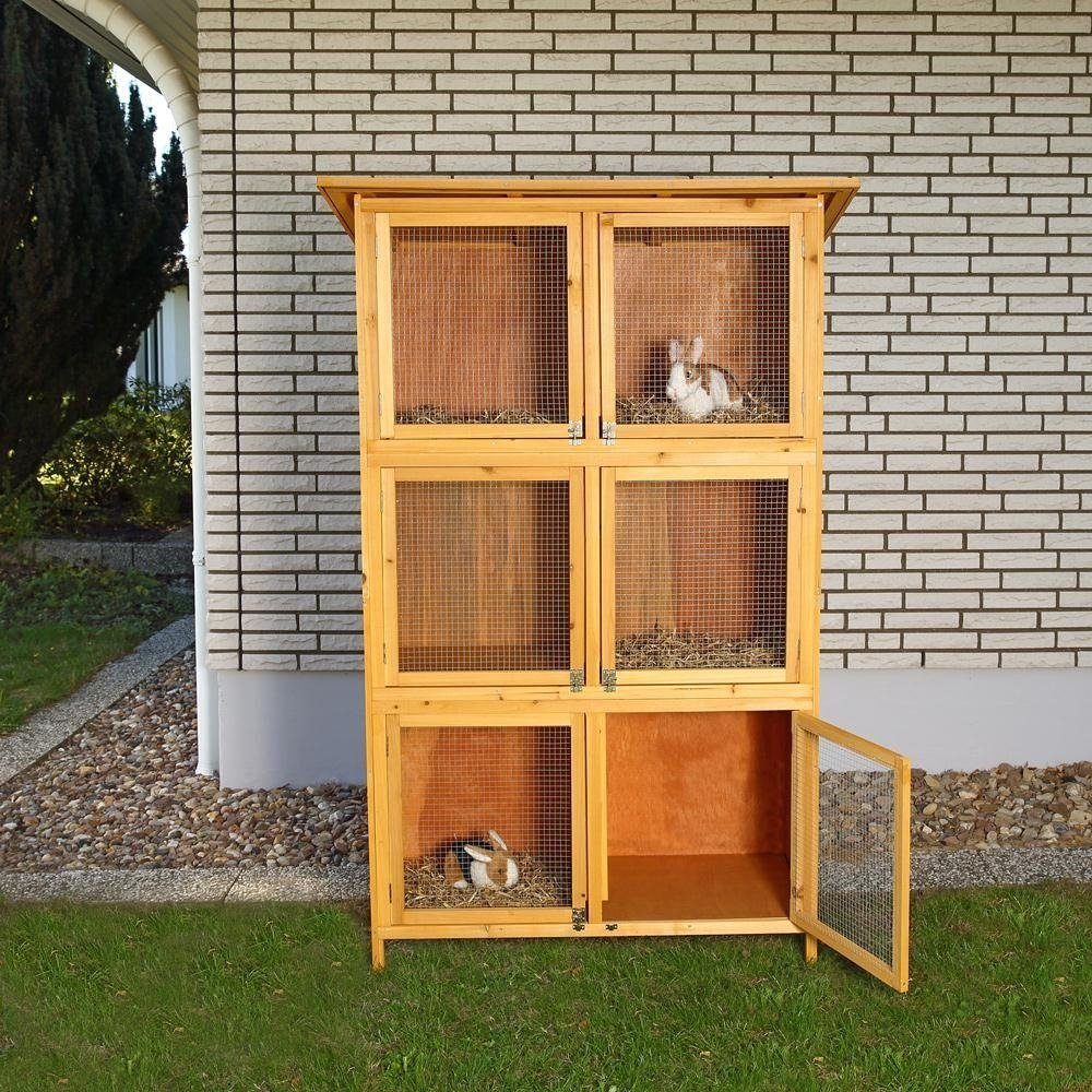 Melko Kleintierstall Kaninchenstall Hasenstall Freigehege mit 6 Boxen aus Holz in Braun Hasenkäfig Kleintierstall, Geeignet für Meerschweinchen, Chinchillas, Kaninchen und andere Kleintiere
