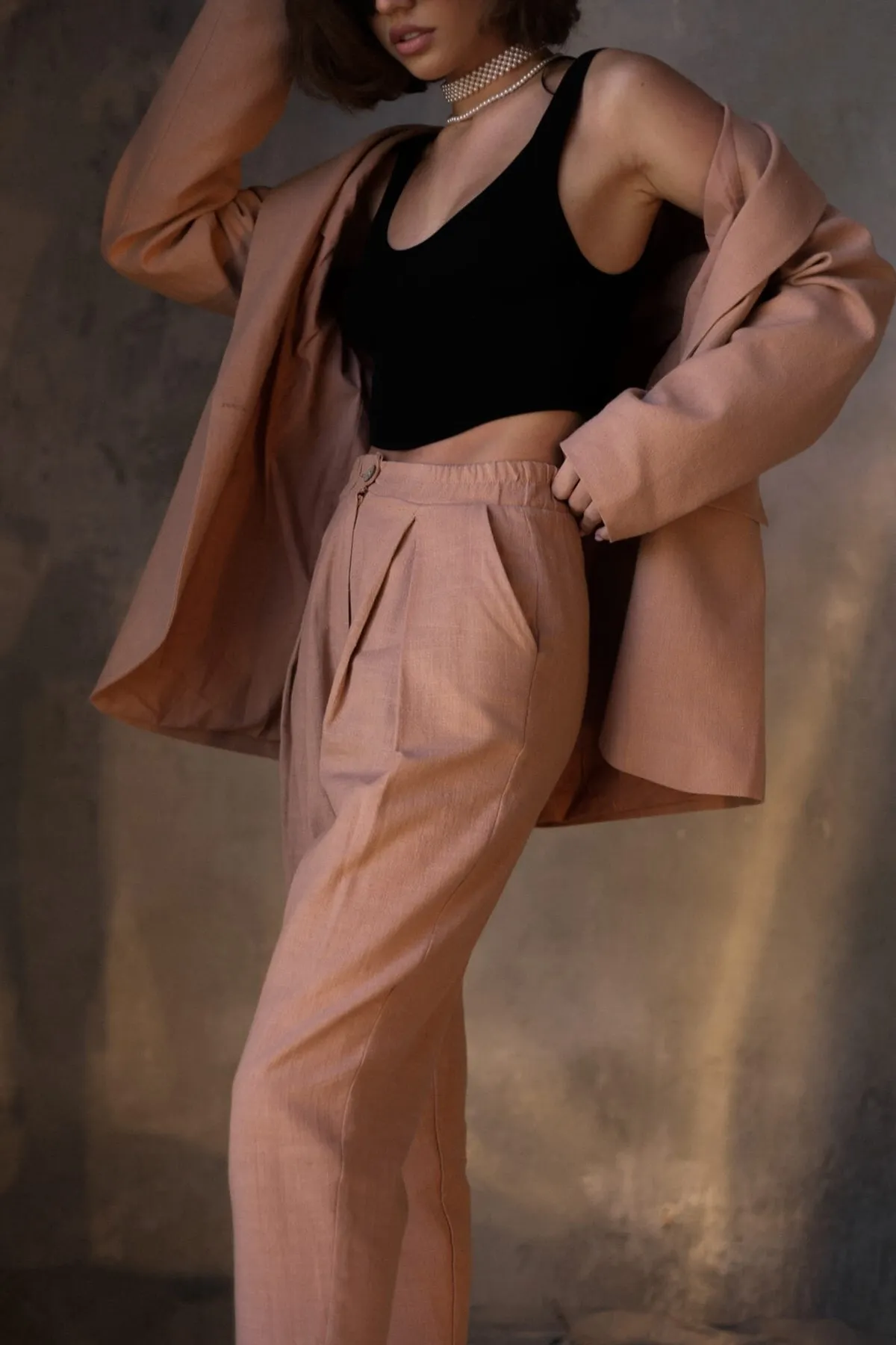 BOHEMAİ  Blazer-Jacken-Set aus lachsfarbenem Ponte-Leinen