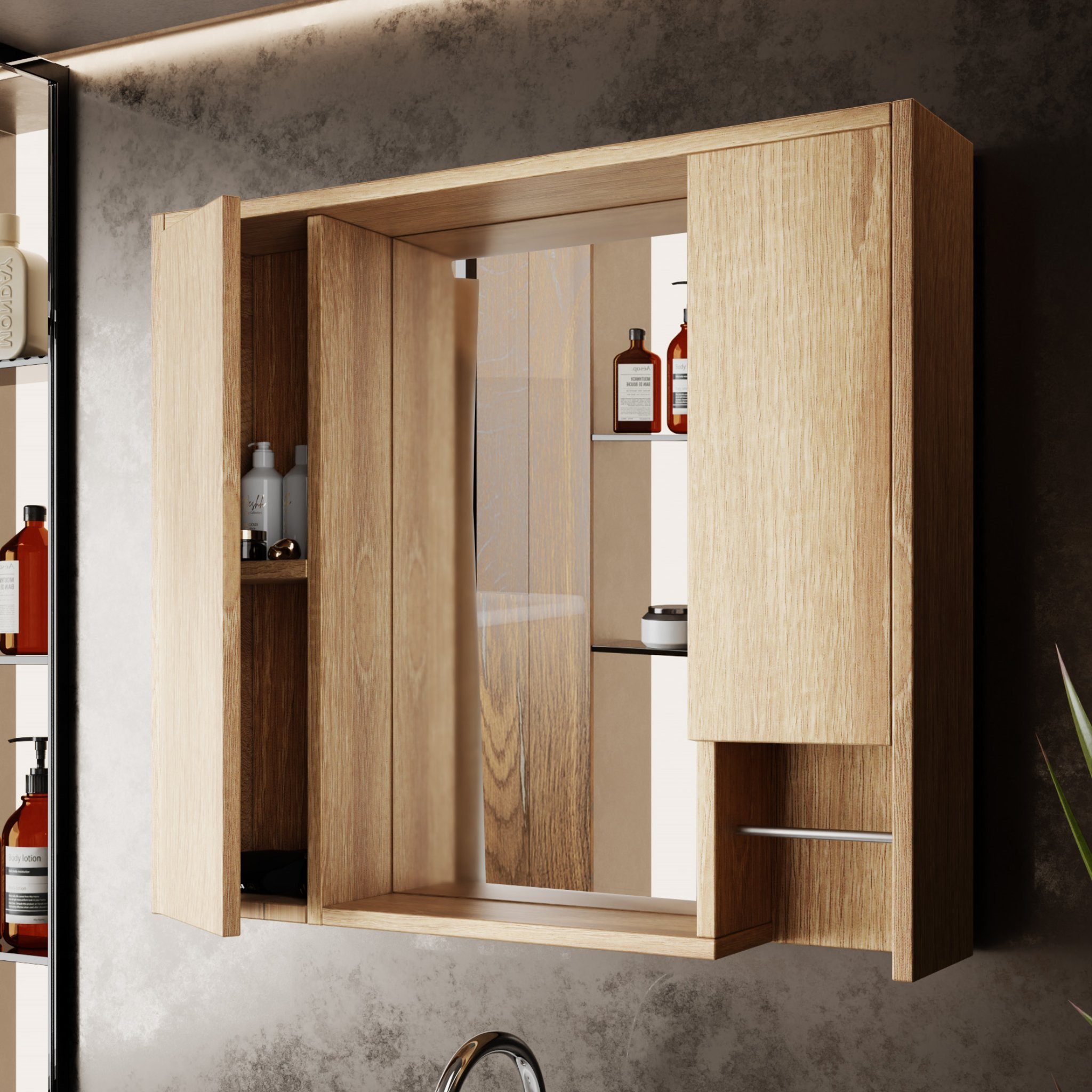 Karen Badezimmer-Set Marmara (Eiche), (Komplett-Set, 3-Teilig (Unterschrank, Spiegelschrank, Waschbecken), Innovatives Design, MDF Lam, Softclose, Funktionalität