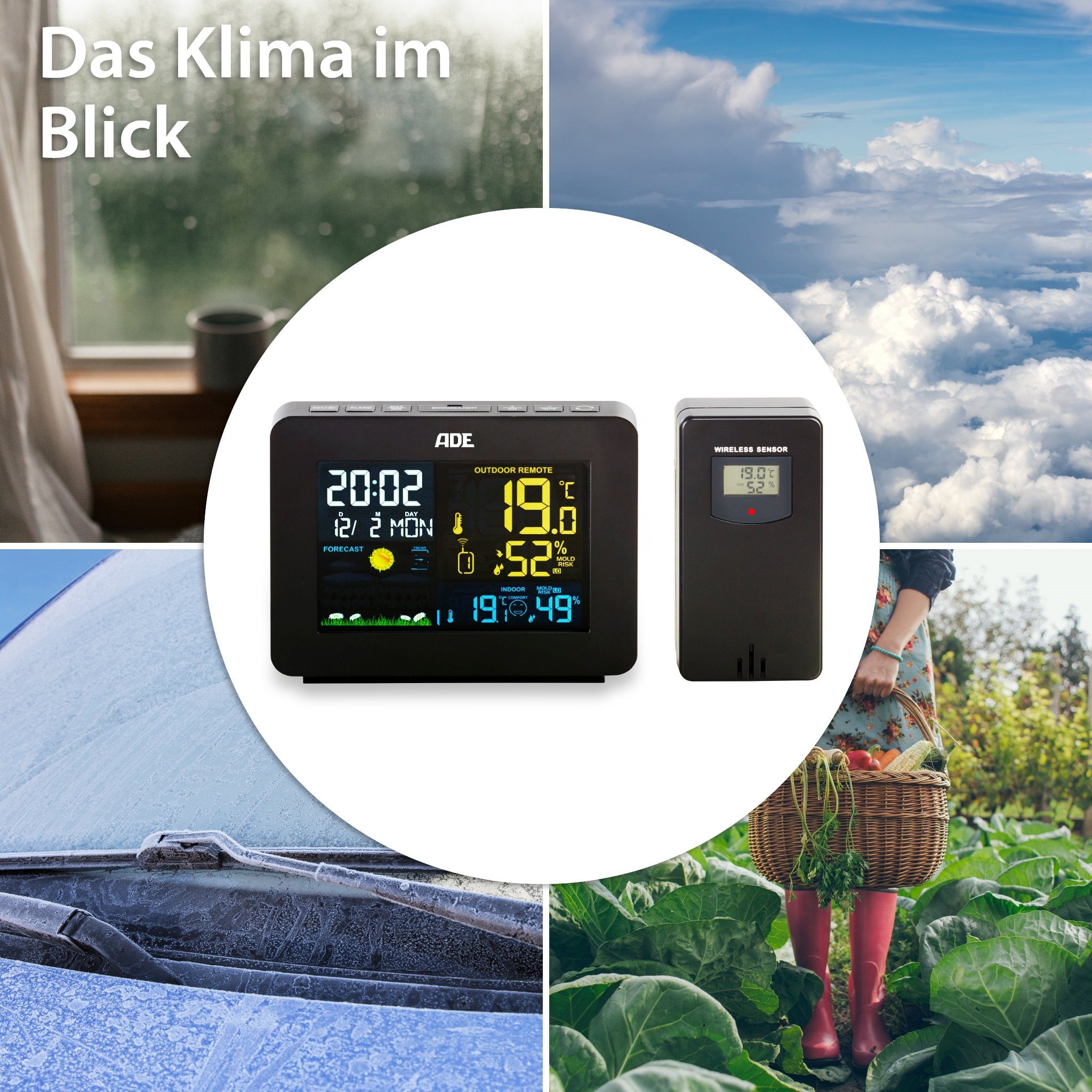 ADE Wetterstation Funk mit Außensensor, mit Vorhersage Funkwetterstation (mit Außensensor, mit animierter Wettervorhersage, Innen- und Außenhygrometer)