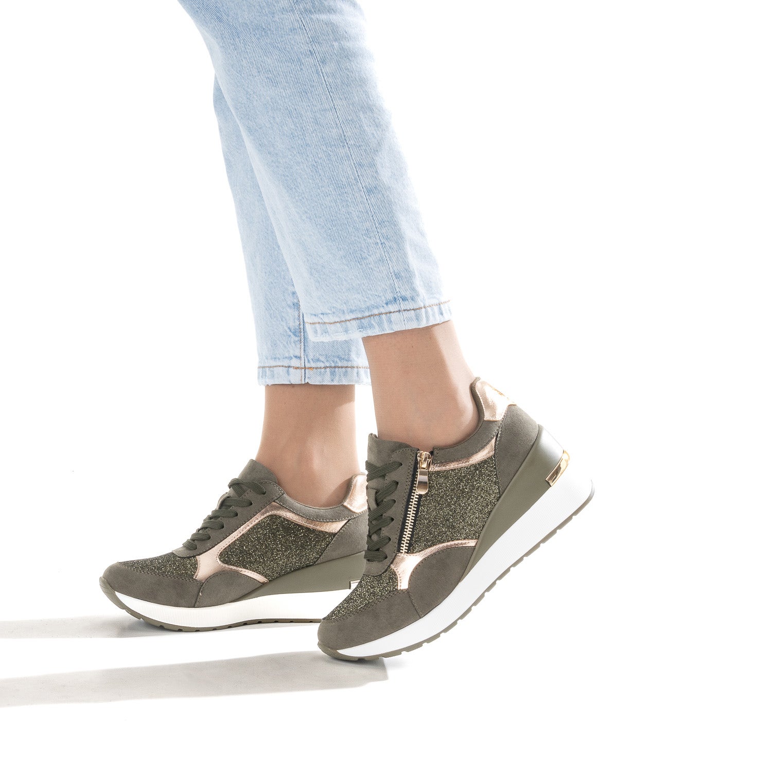 Tennis compensée kaki détails dorés