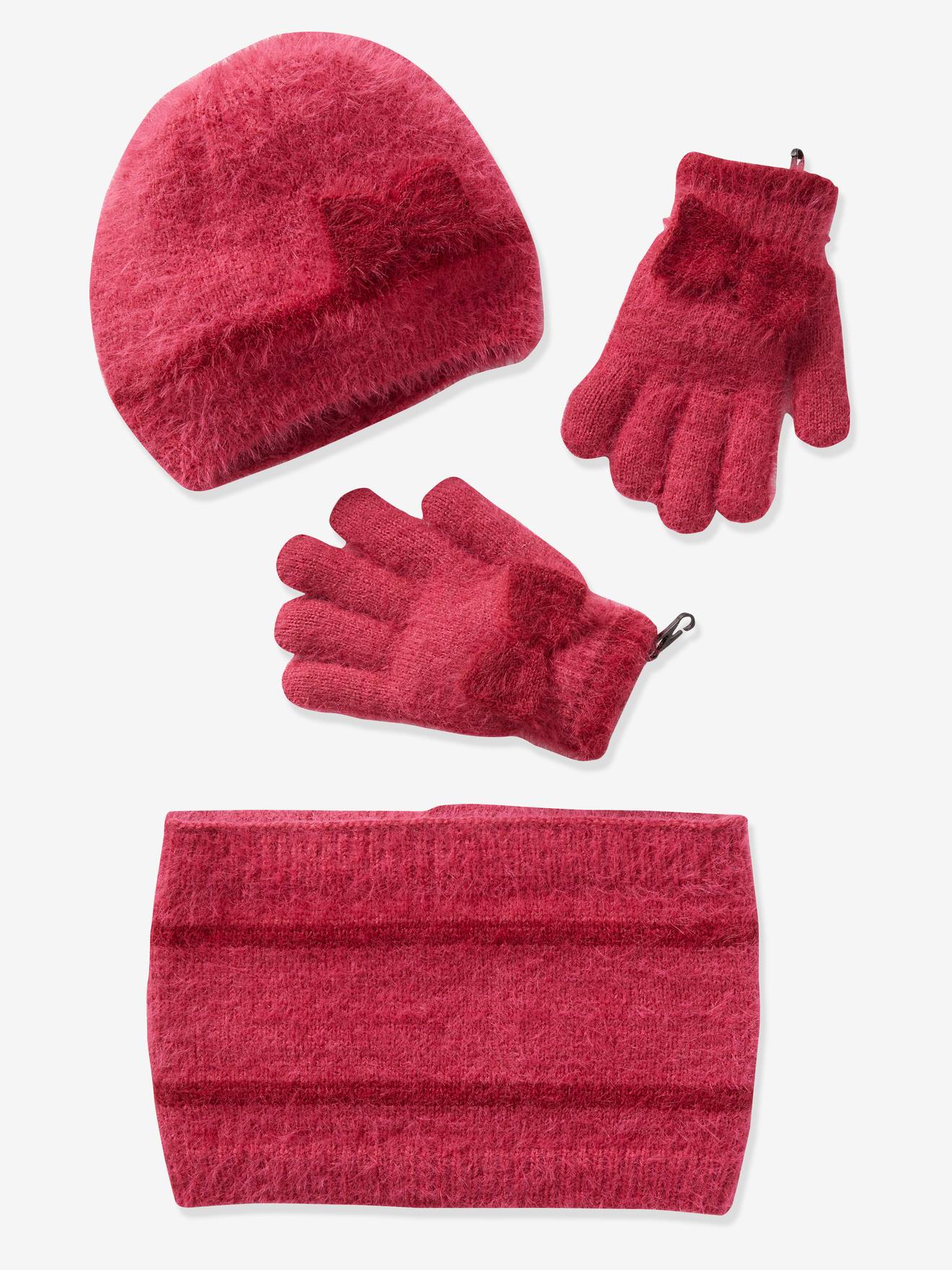 Ensemble fille bonnet + foulard + gants framboise