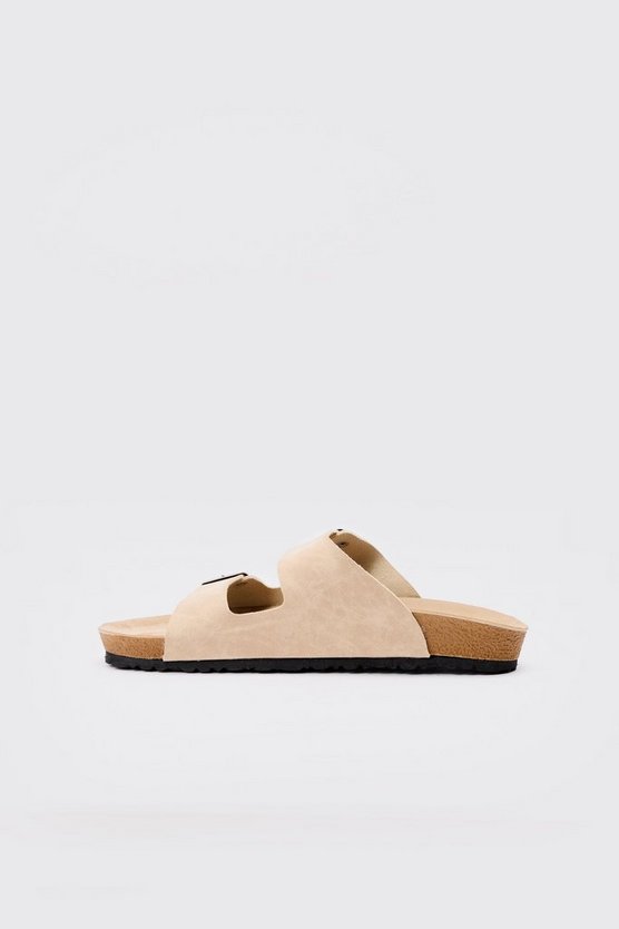 Faux Suede Double Buckle Sandals In Taupe