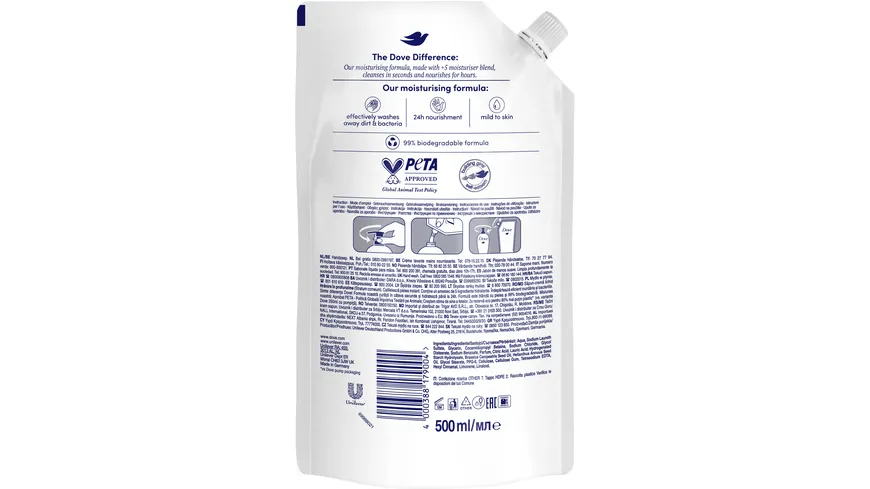 Dove Hand-Waschlotion für empfindliche Haut Flüssigseife mit ¼ Feuchtigkeitscreme Nachfüllung 500 ml
