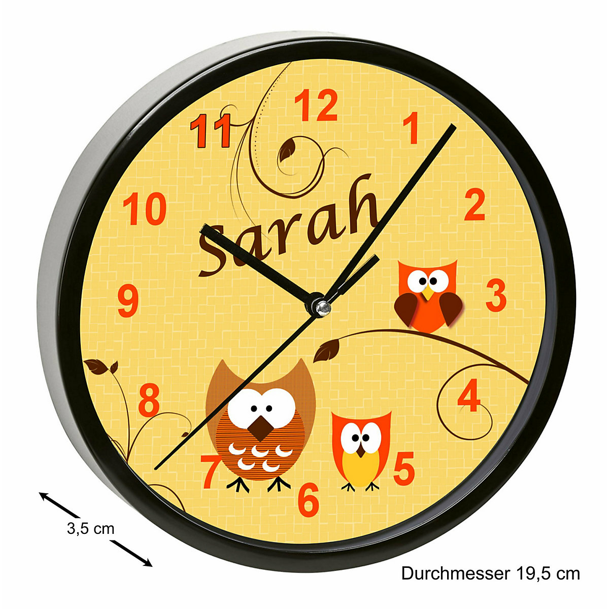 Kinder Wanduhr personalisiert mit Name Eule Orange