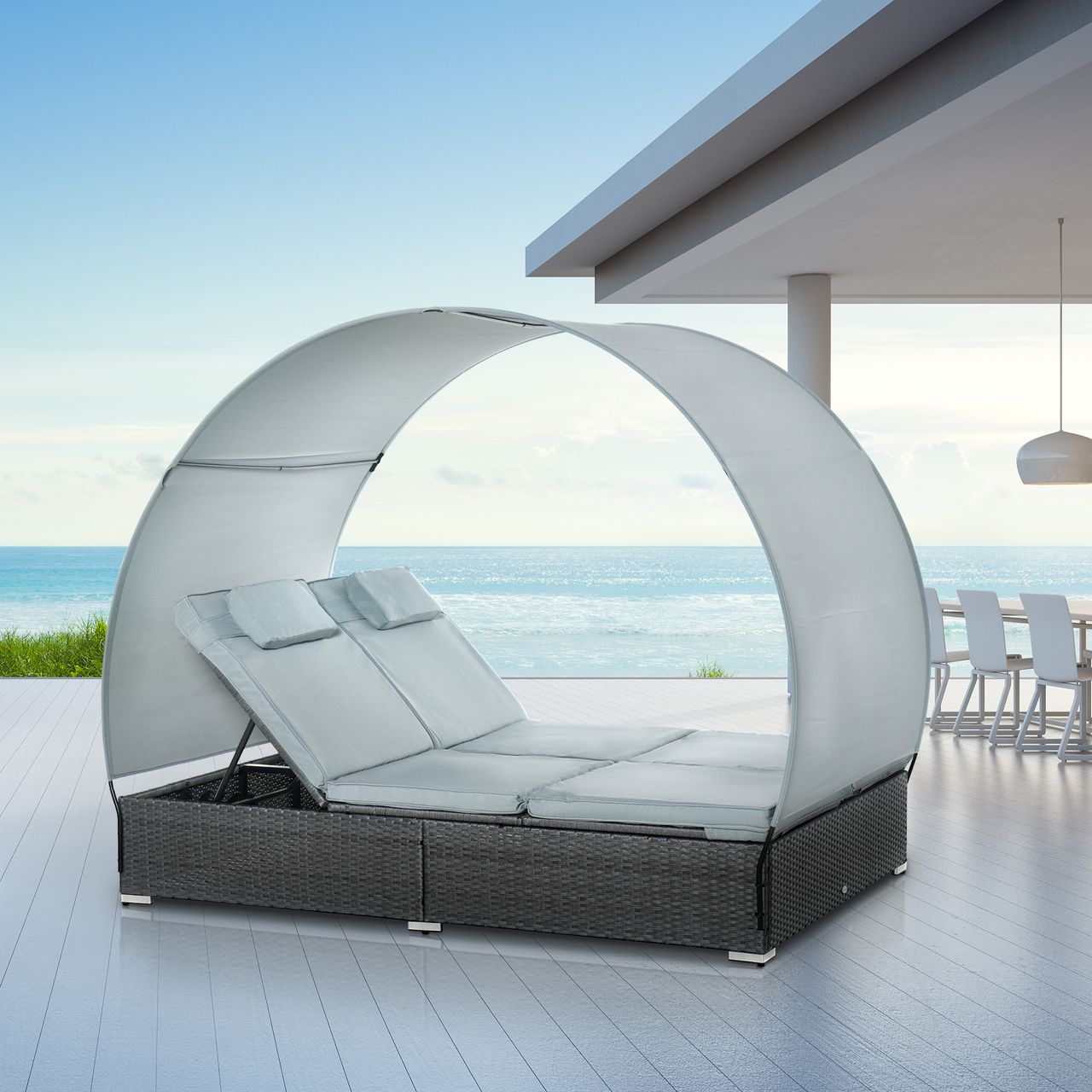 Outsunny Poly Rattan Doppelliege Sonnenliege für 2 Personen mit Sonnendach Gartenliege Stahl Polyester Grau 196 x 137 x 36,5 cm