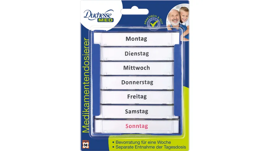 Duchesse MED Medikamentendosierer für 7 Tage, Tageweise entnehmbar weiß/blau